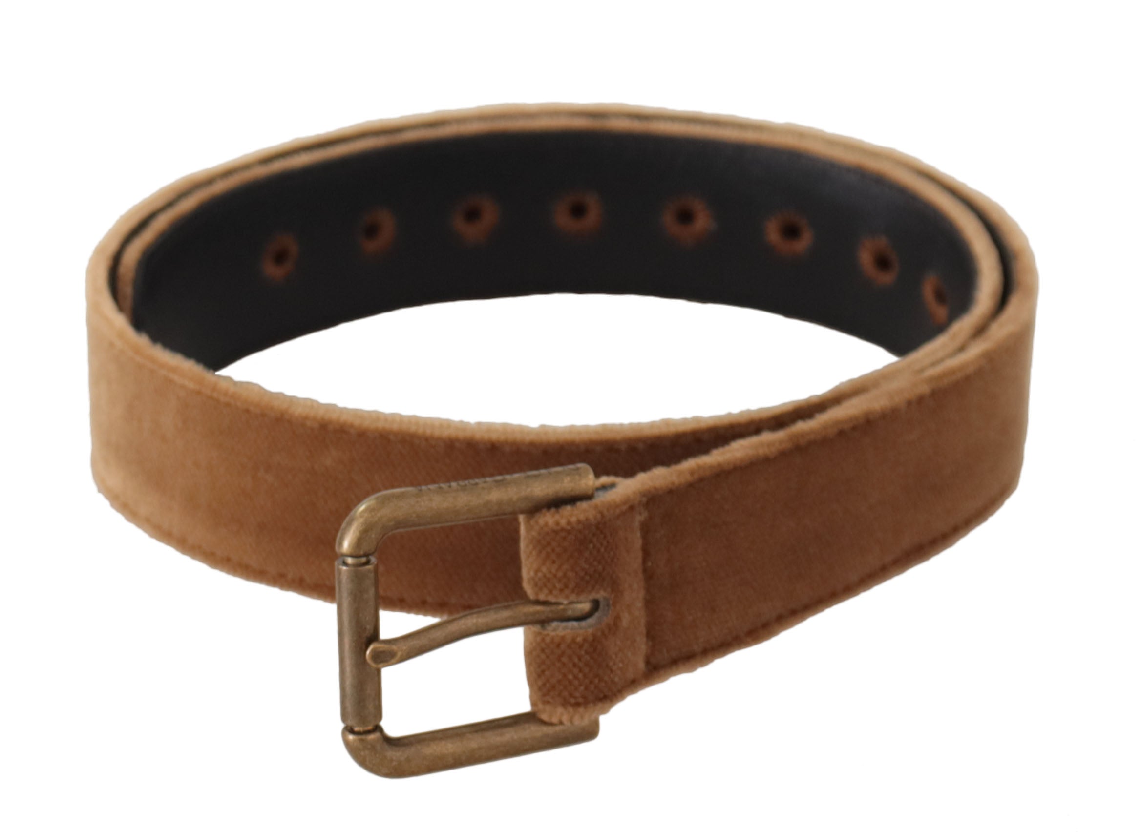 Brown Velvet Bronze Vintage Logo Metal Buckle Belt - ventzia