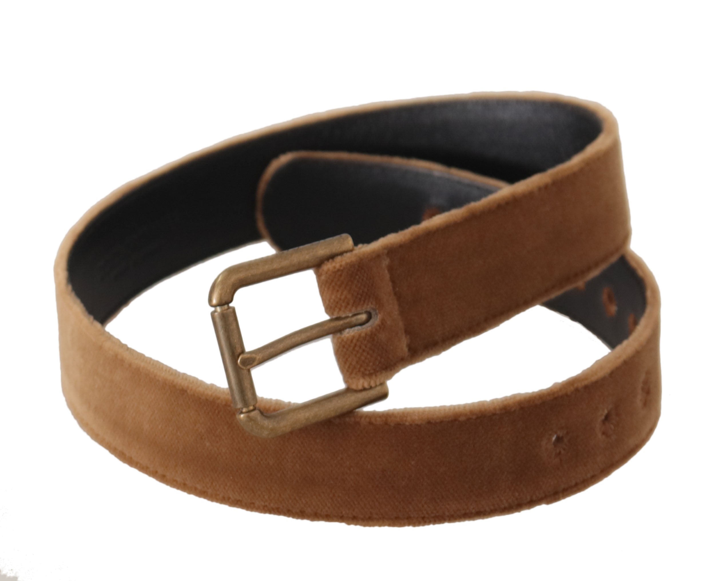 Brown Velvet Bronze Vintage Logo Metal Buckle Belt - ventzia