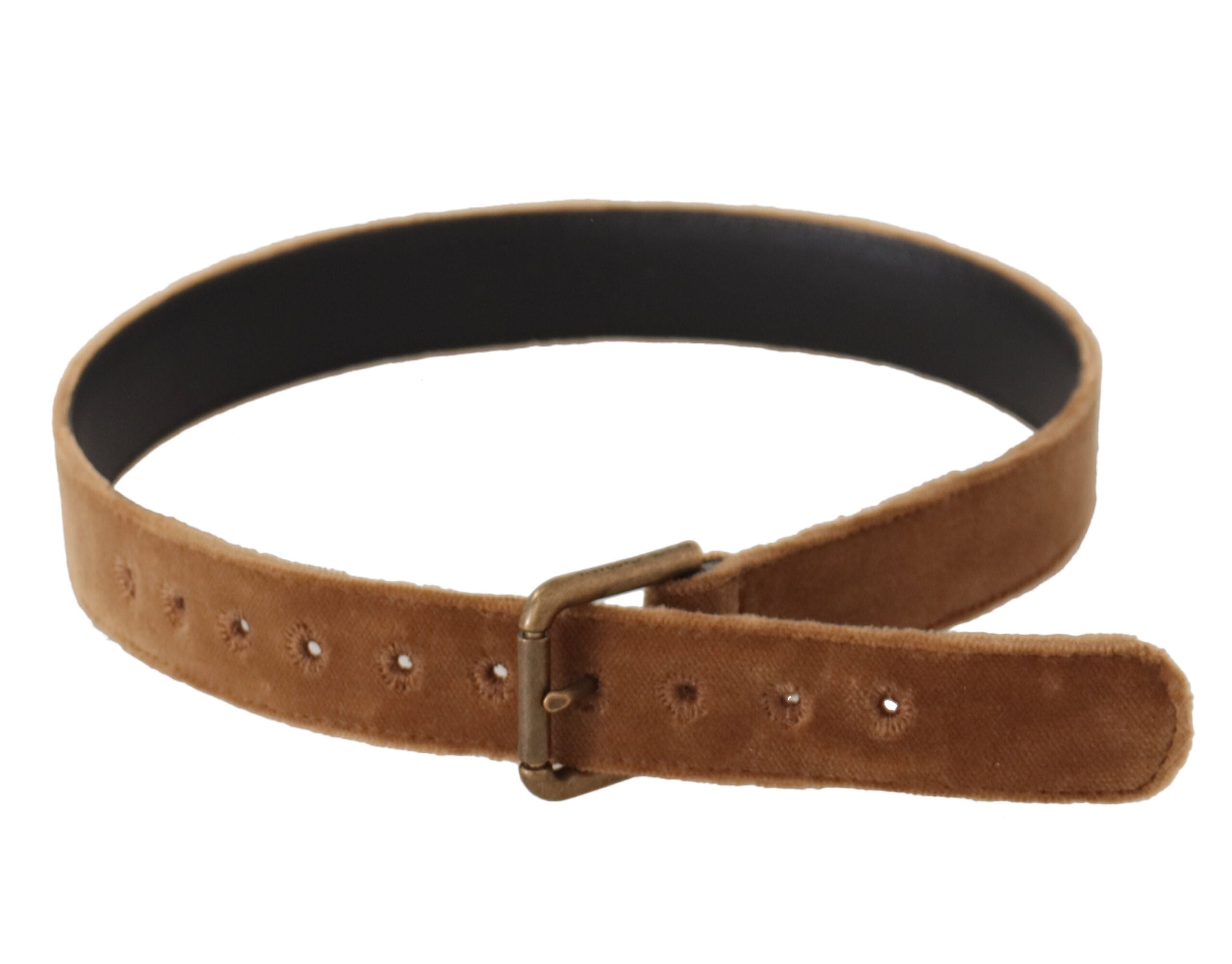 Brown Velvet Bronze Vintage Logo Metal Buckle Belt - ventzia