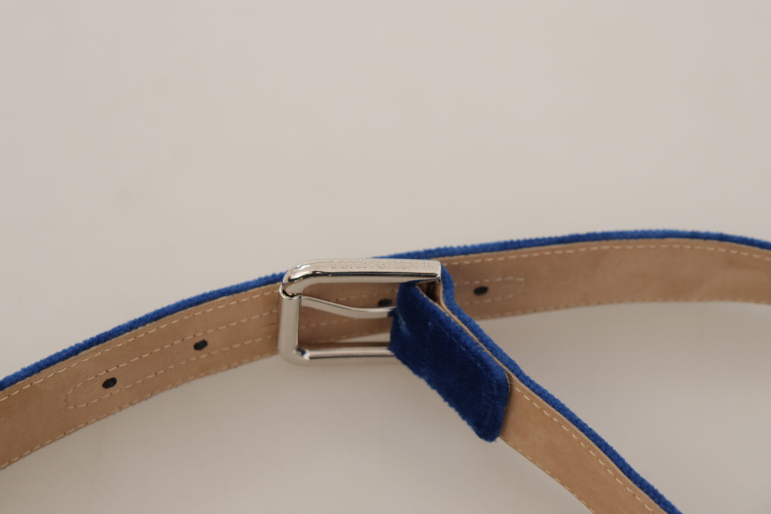 Blue Velvet Silver Logo Engraved Metal Buckle Belt - ventzia