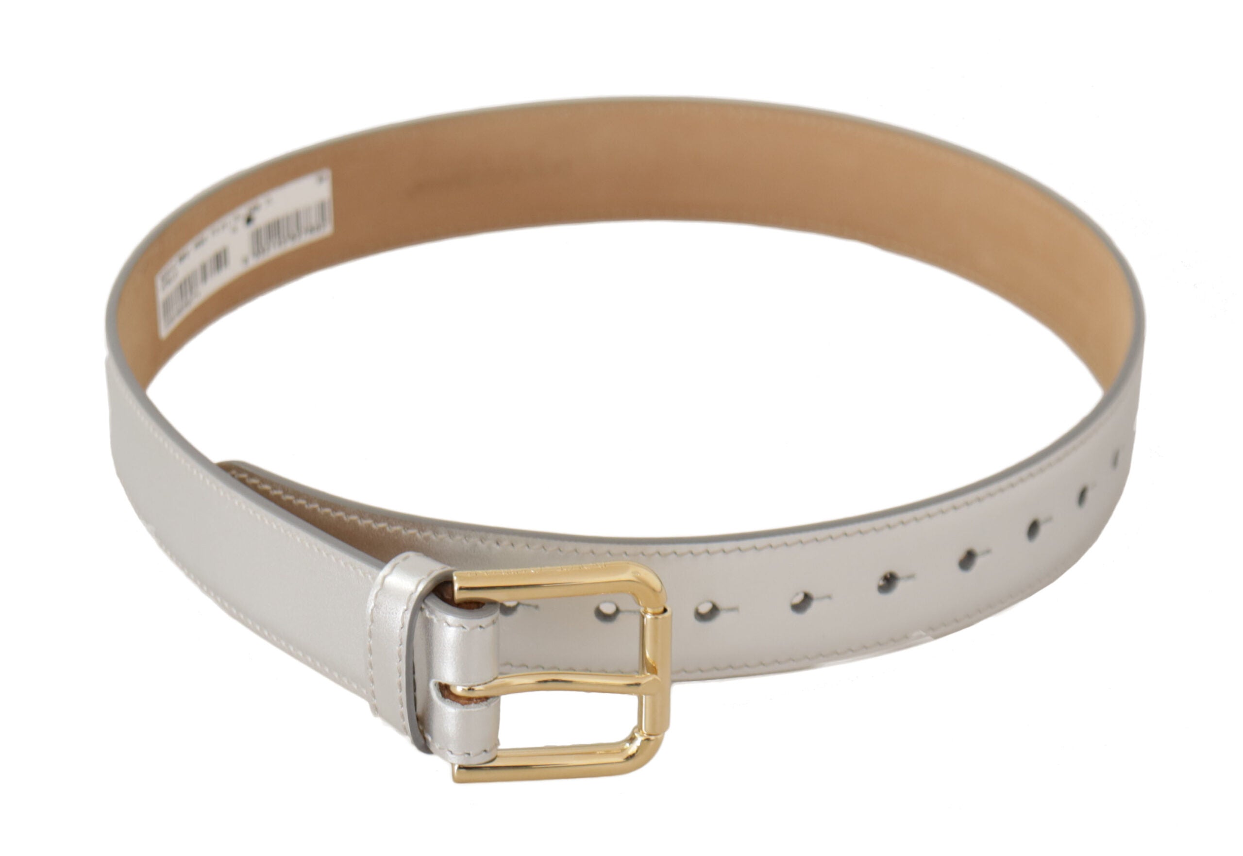 Silver Leather Gold Tone Logo Metal Buckle Belt - ventzia