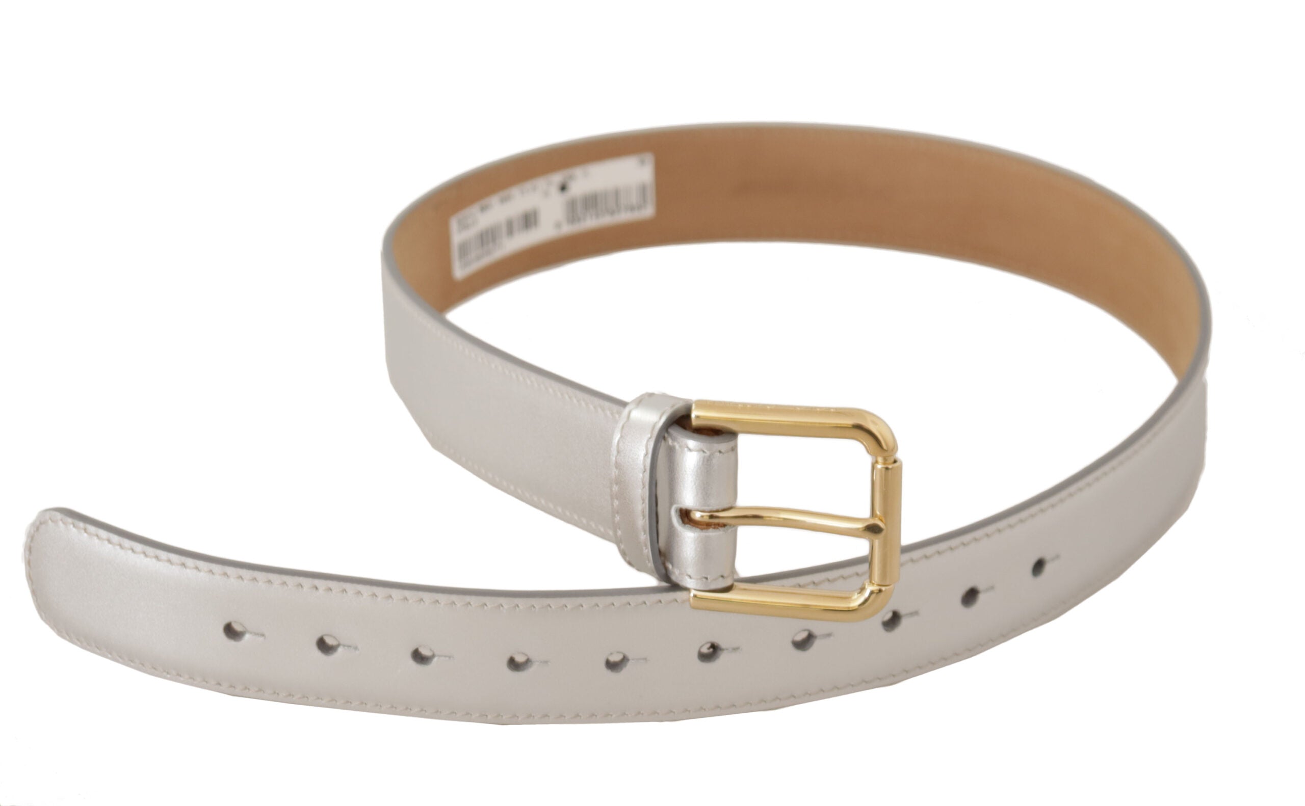 Silver Leather Gold Tone Logo Metal Buckle Belt - ventzia