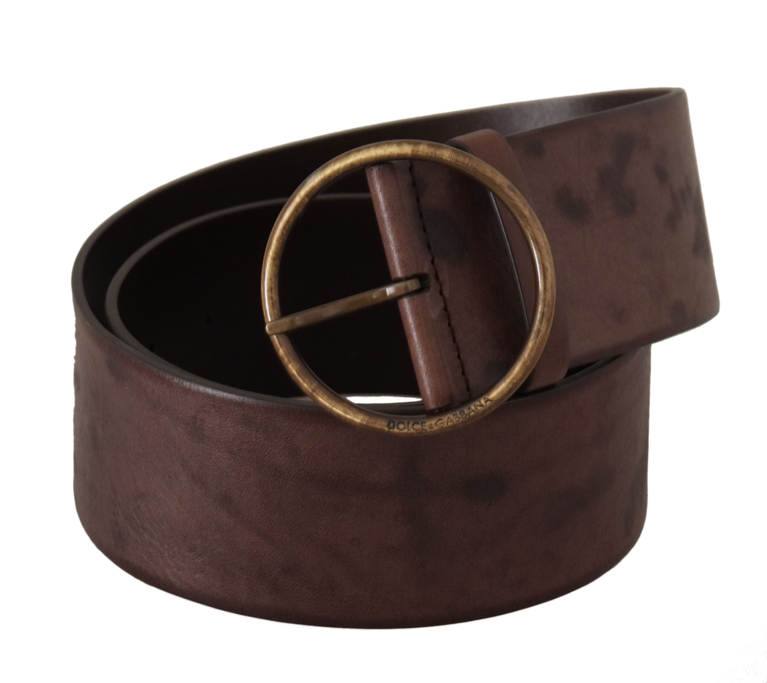 Dark Brown Wide Calf Leather Logo Round Buckle Belt - ventzia