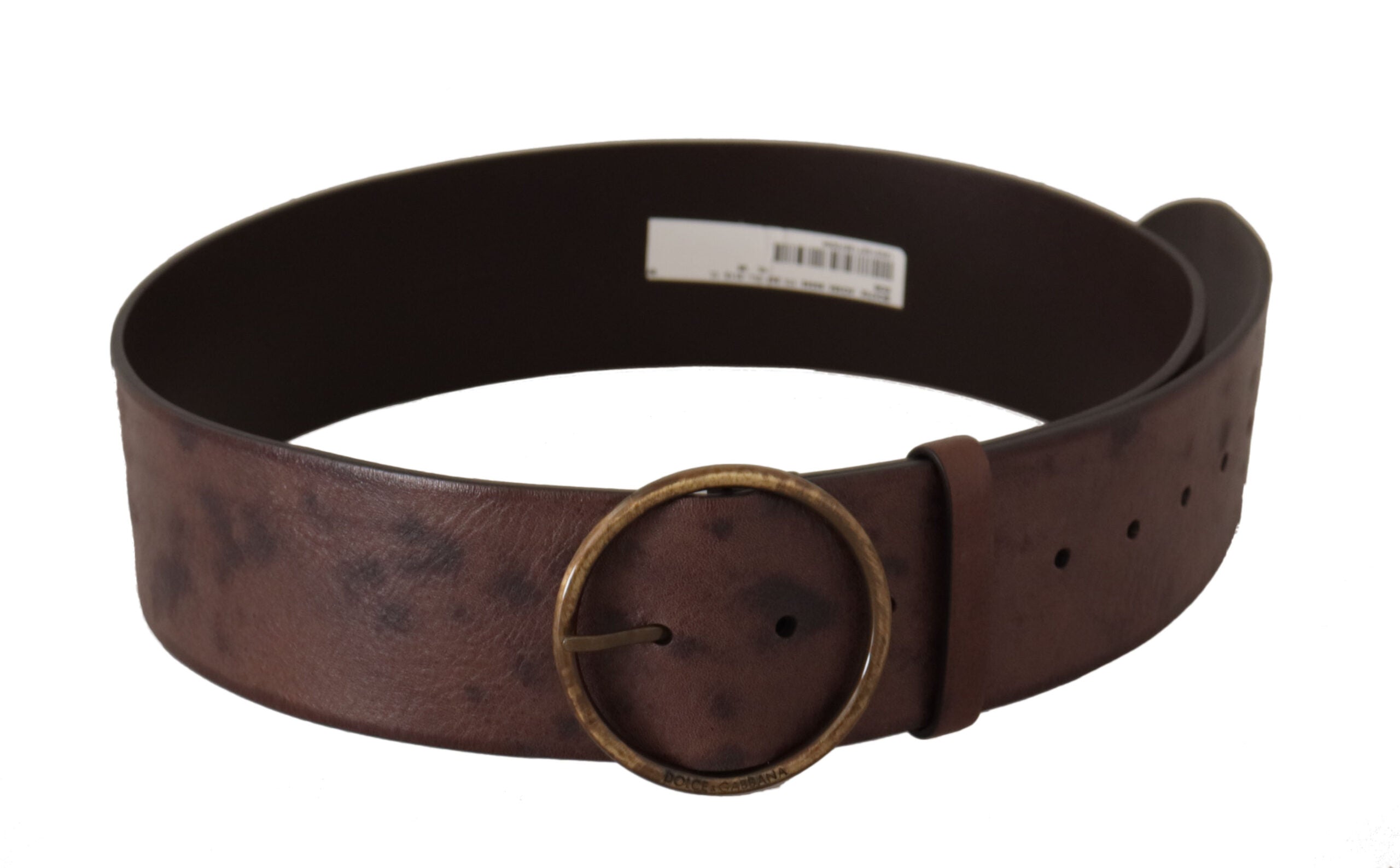Dark Brown Wide Calf Leather Logo Round Buckle Belt - ventzia