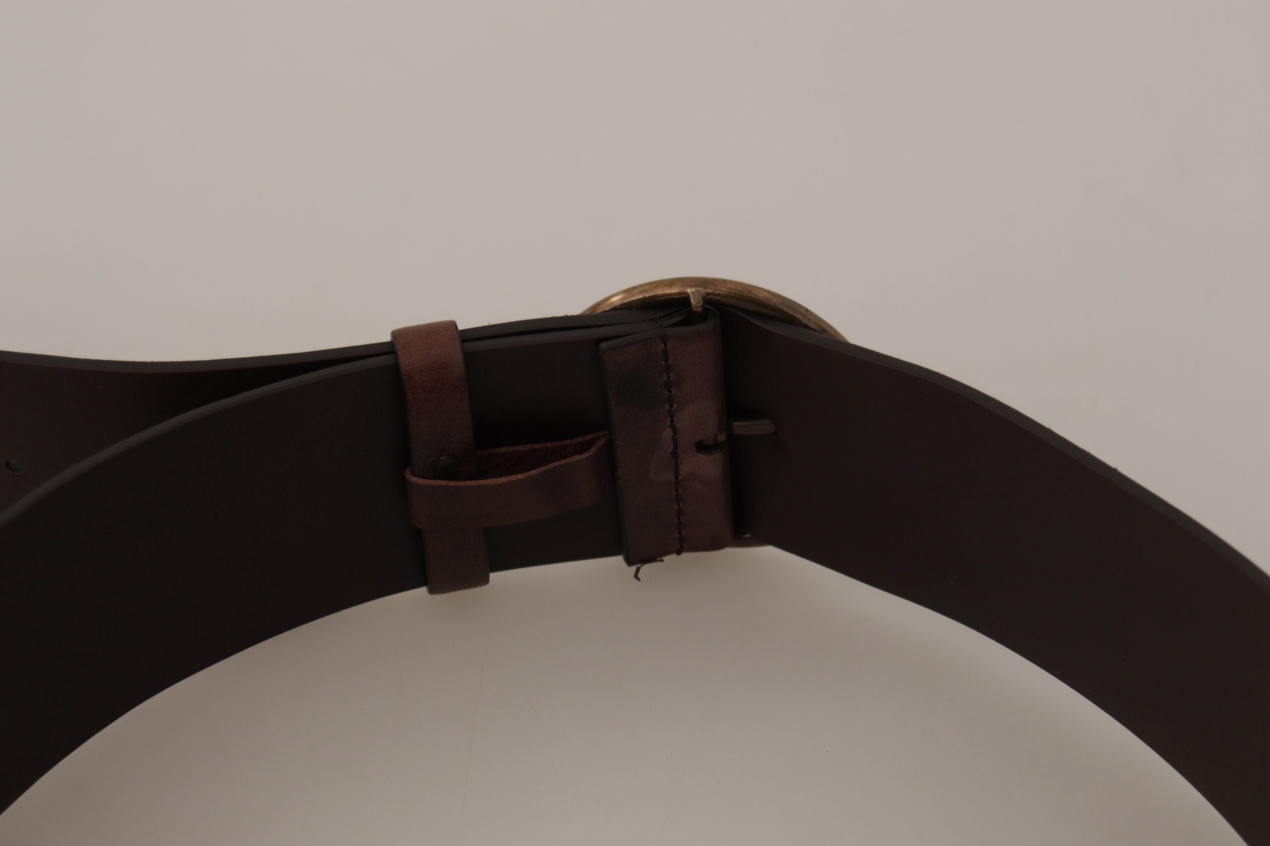 Dark Brown Wide Calf Leather Logo Round Buckle Belt - ventzia