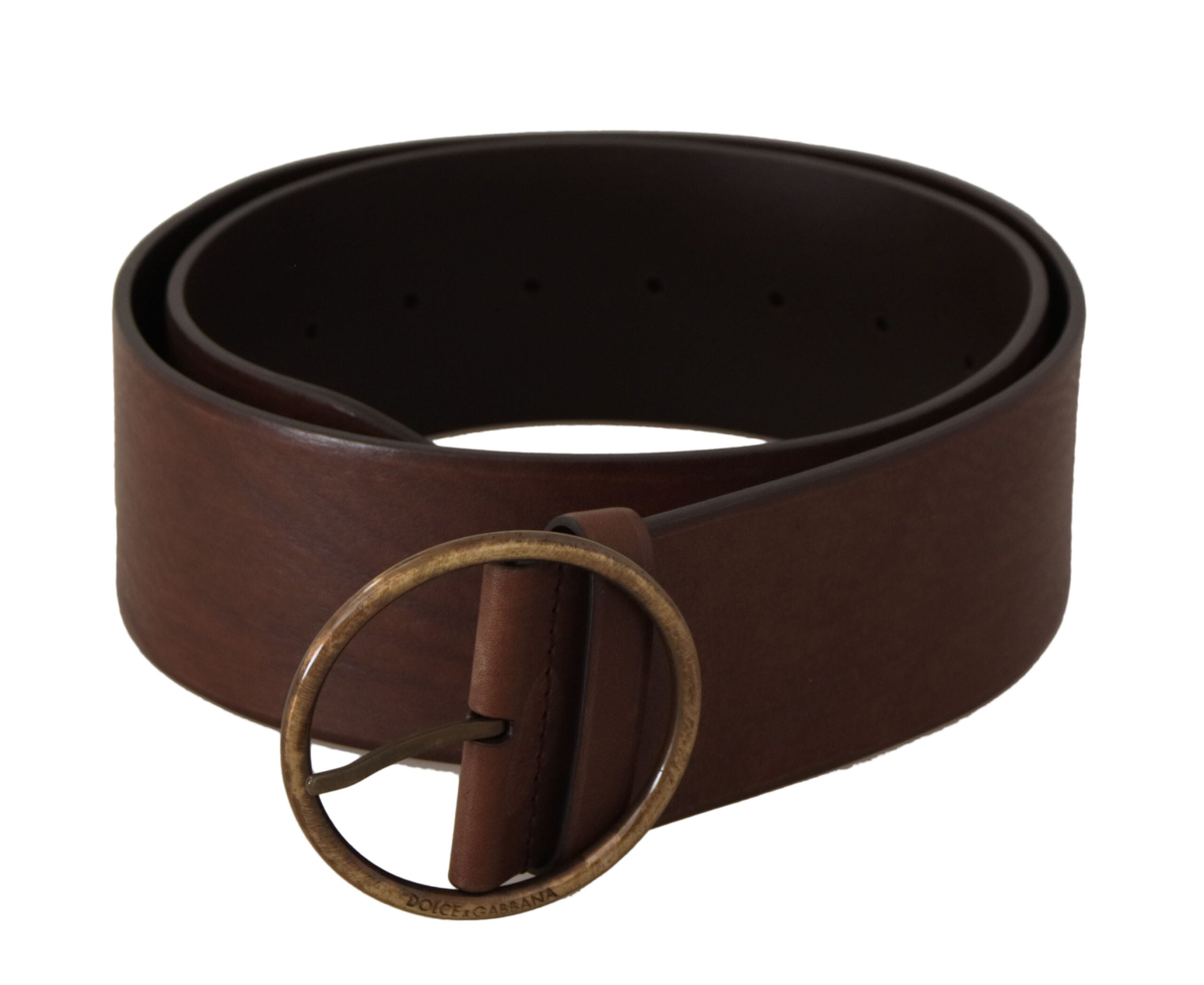 Brown Leather Wide Waist Logo Metal Round Buckle Belt - ventzia