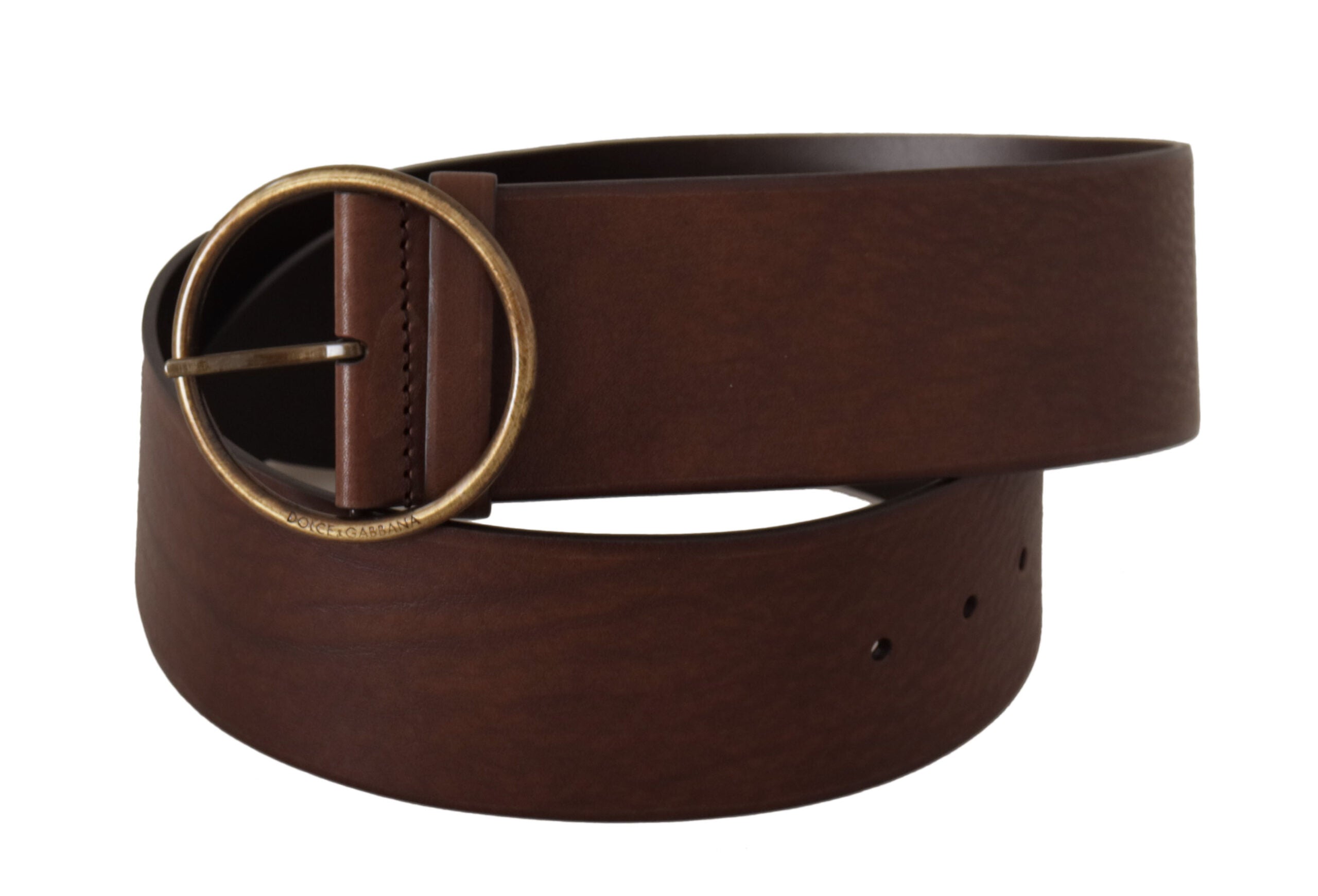 Brown Leather Wide Waist Logo Metal Round Buckle Belt - ventzia