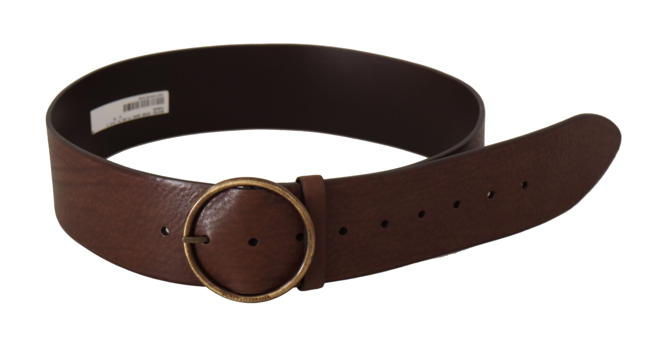 Brown Leather Wide Waist Logo Metal Round Buckle Belt - ventzia