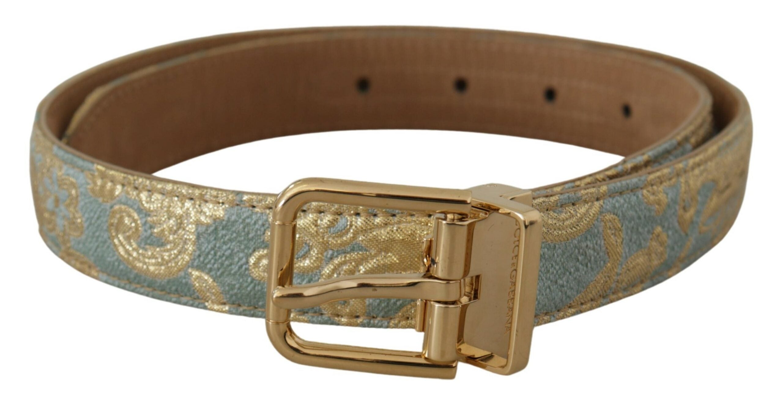 Blue Leather Jacquard Embossed Gold Metal Buckle Belt - ventzia