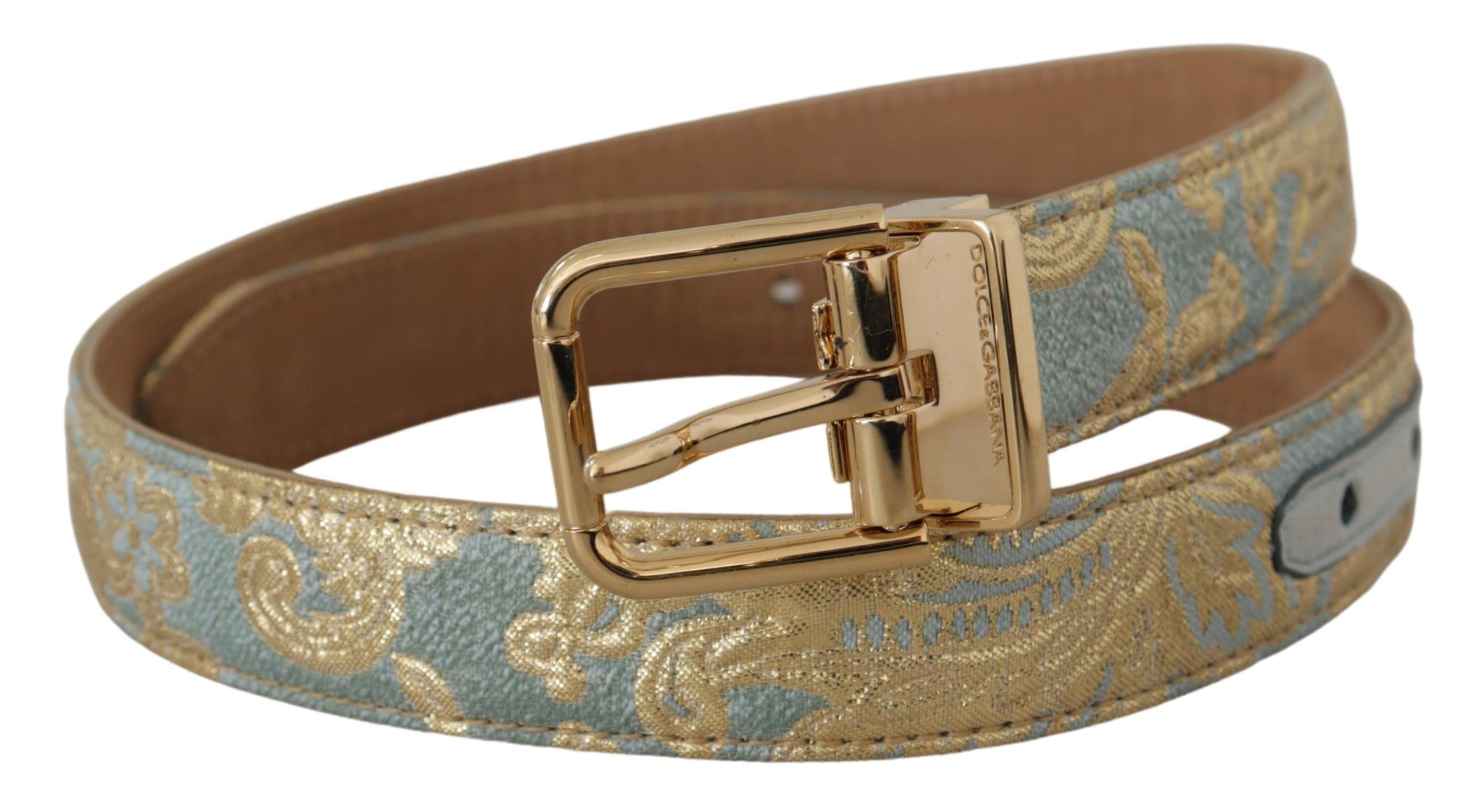 Blue Leather Jacquard Embossed Gold Metal Buckle Belt - ventzia