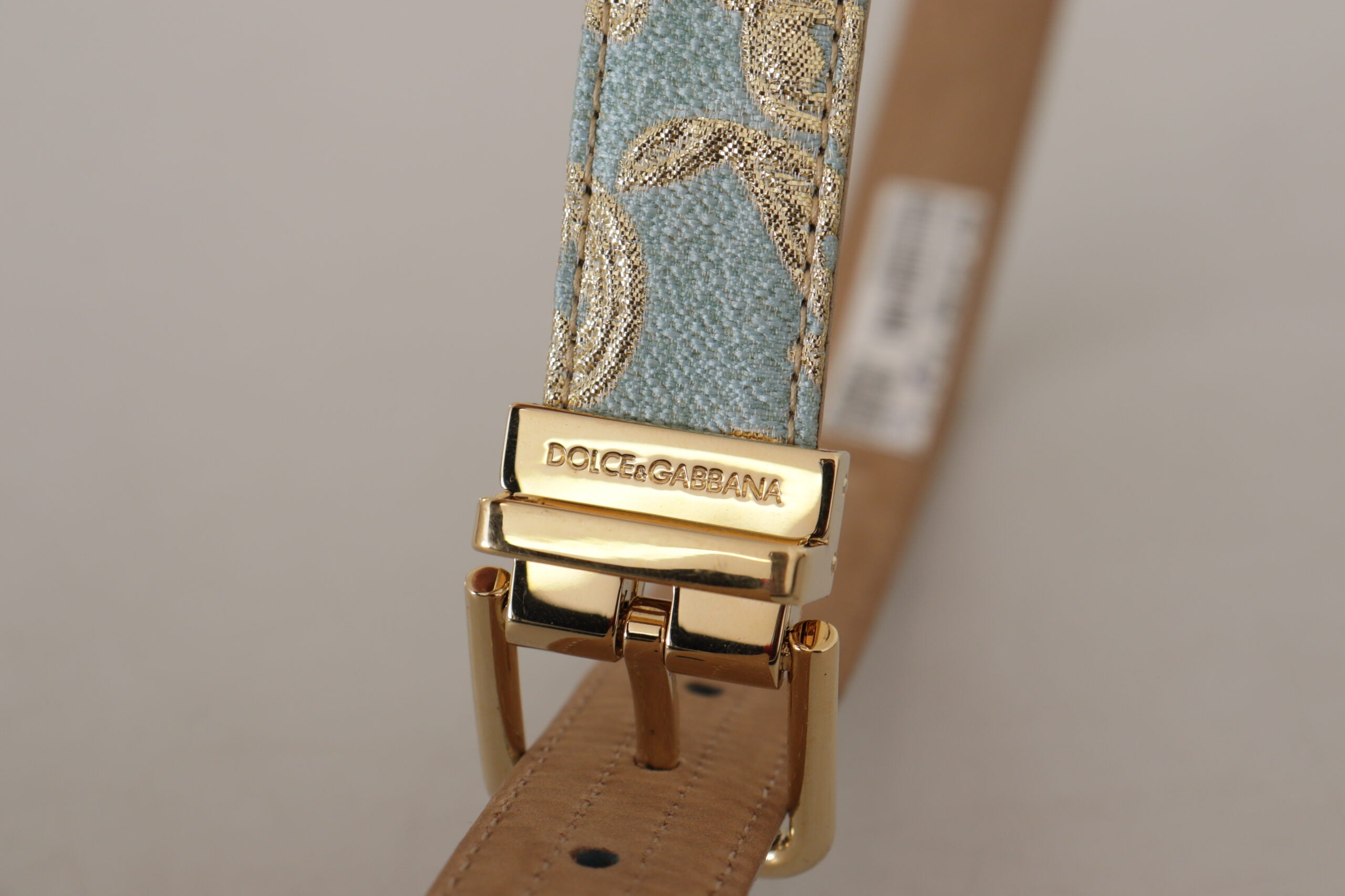 Blue Leather Jacquard Embossed Gold Metal Buckle Belt - ventzia