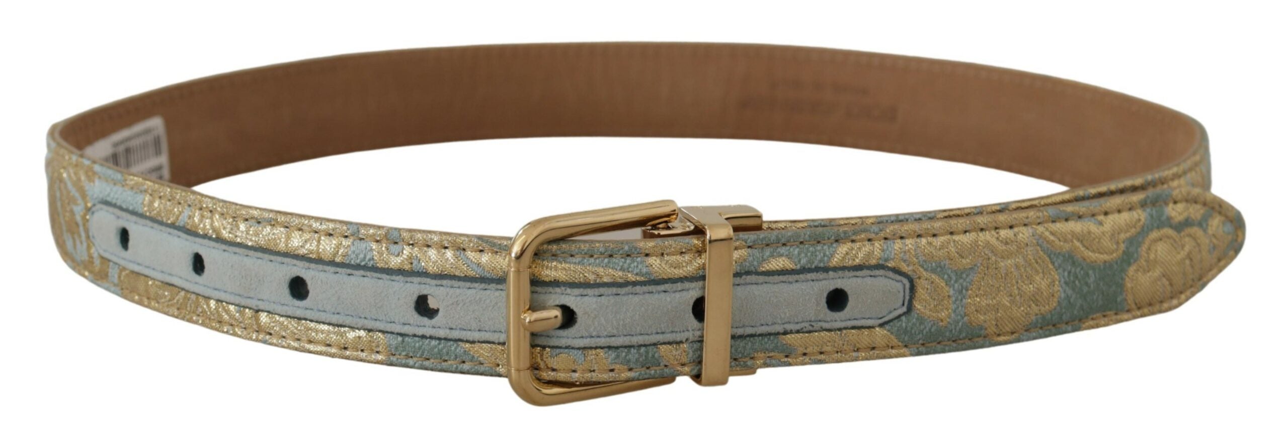 Blue Leather Jacquard Embossed Gold Metal Buckle Belt - ventzia