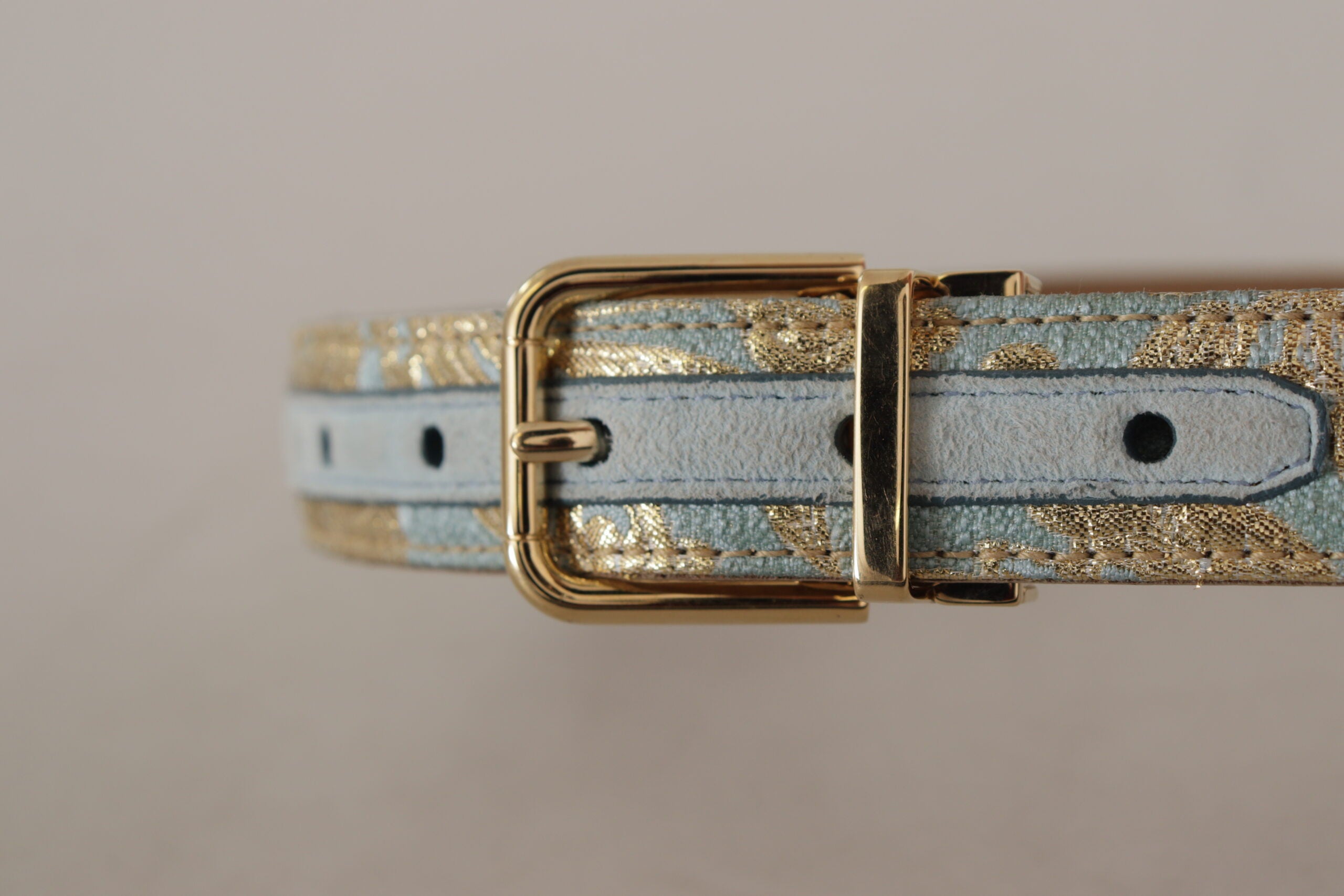Blue Leather Jacquard Embossed Gold Metal Buckle Belt - ventzia
