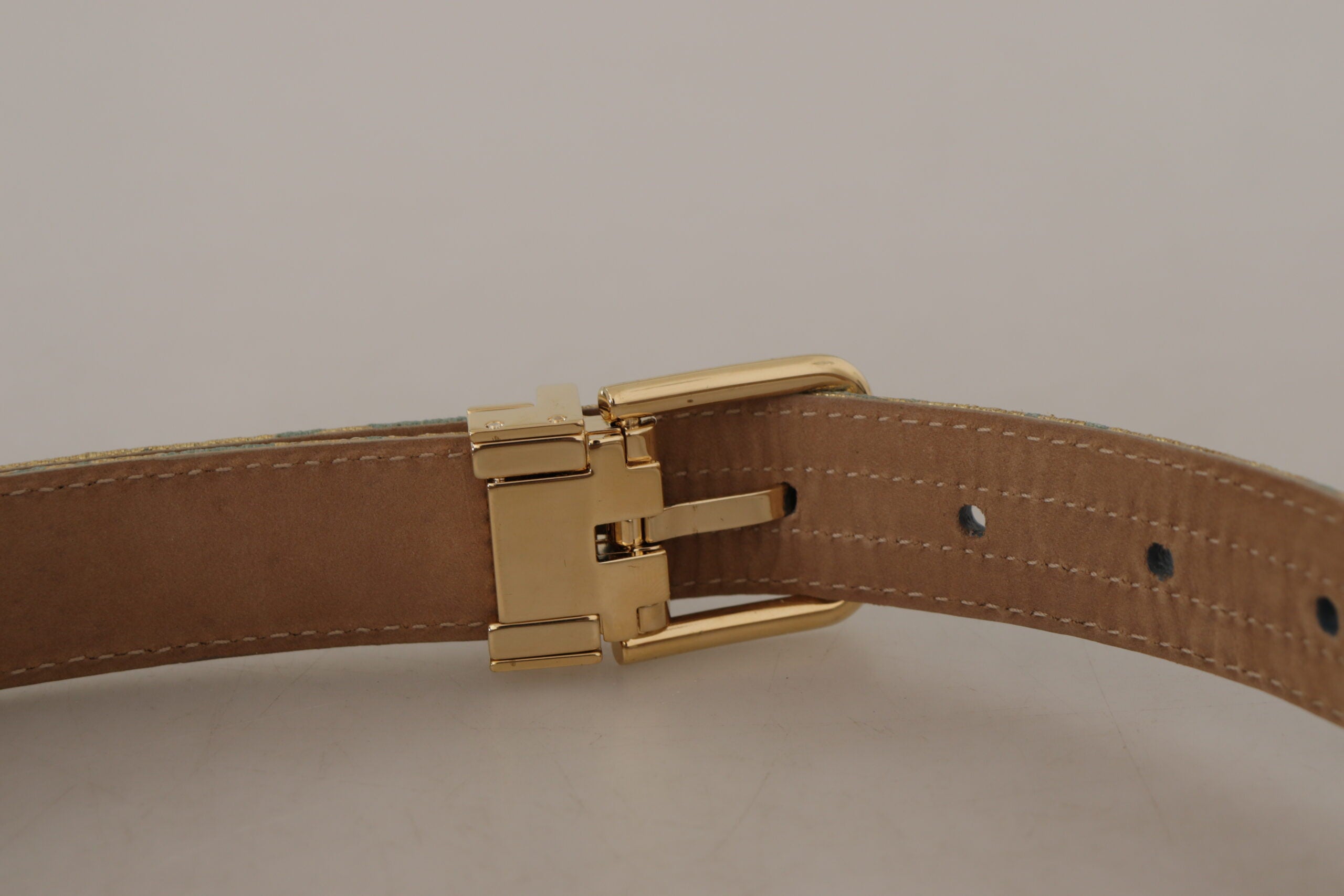 Blue Leather Jacquard Embossed Gold Metal Buckle Belt - ventzia