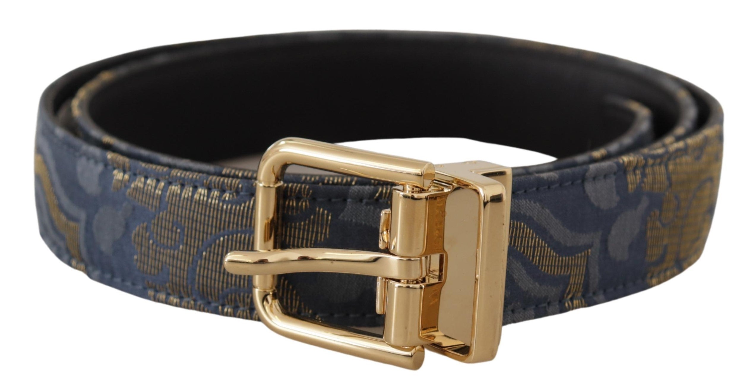Navy Blue Jacquard Gold Tone Logo Metal Buckle Belt - ventzia