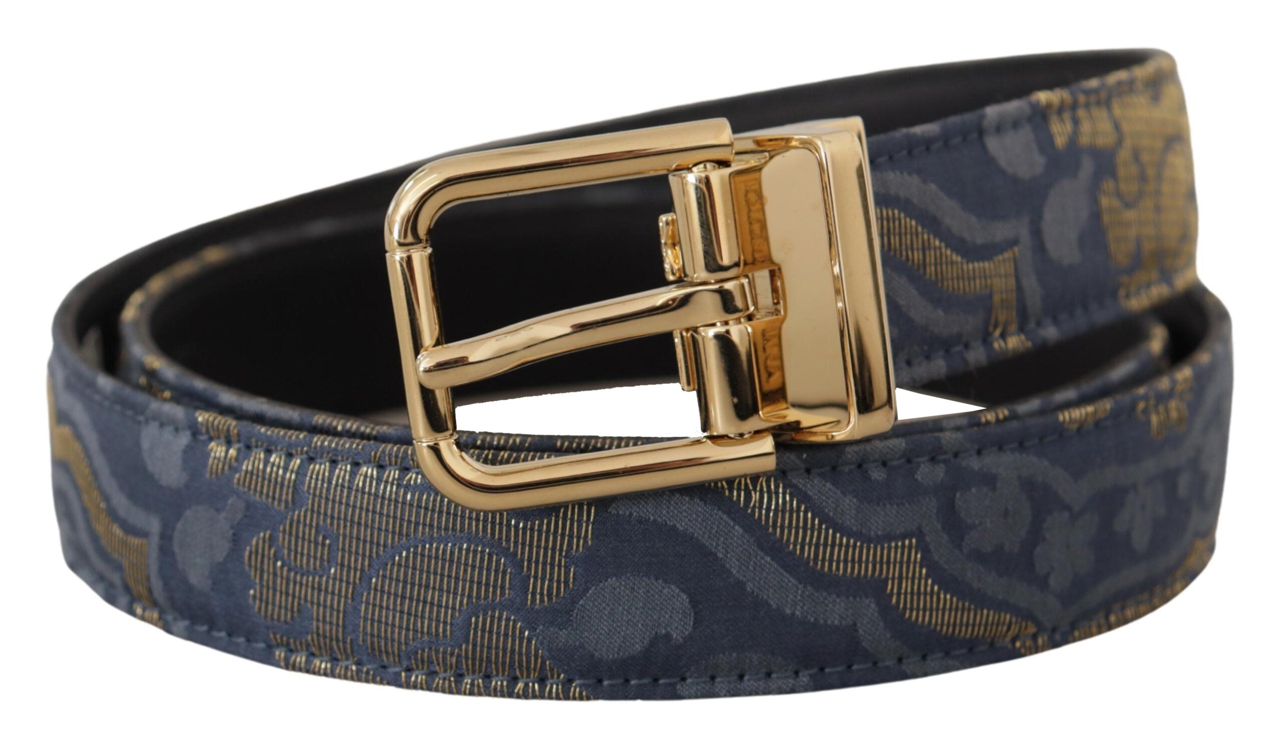 Navy Blue Jacquard Gold Tone Logo Metal Buckle Belt - ventzia