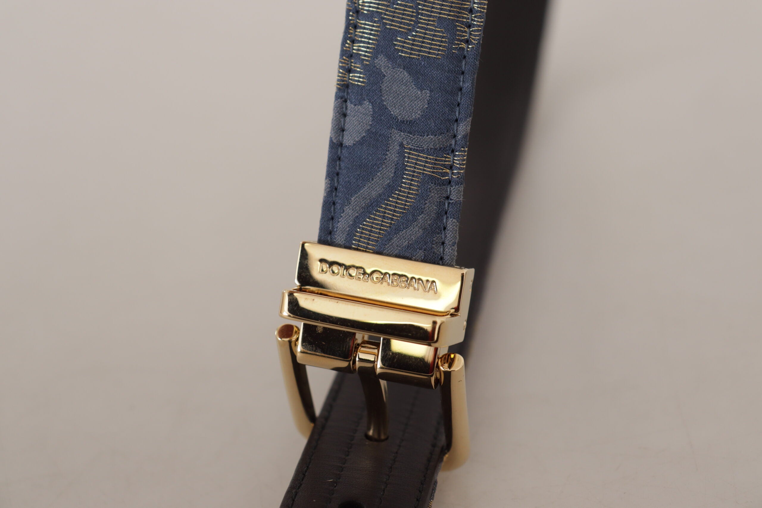 Navy Blue Jacquard Gold Tone Logo Metal Buckle Belt - ventzia