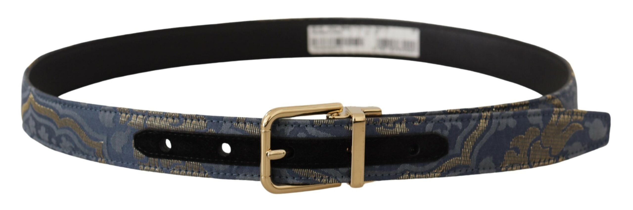 Navy Blue Jacquard Gold Tone Logo Metal Buckle Belt - ventzia
