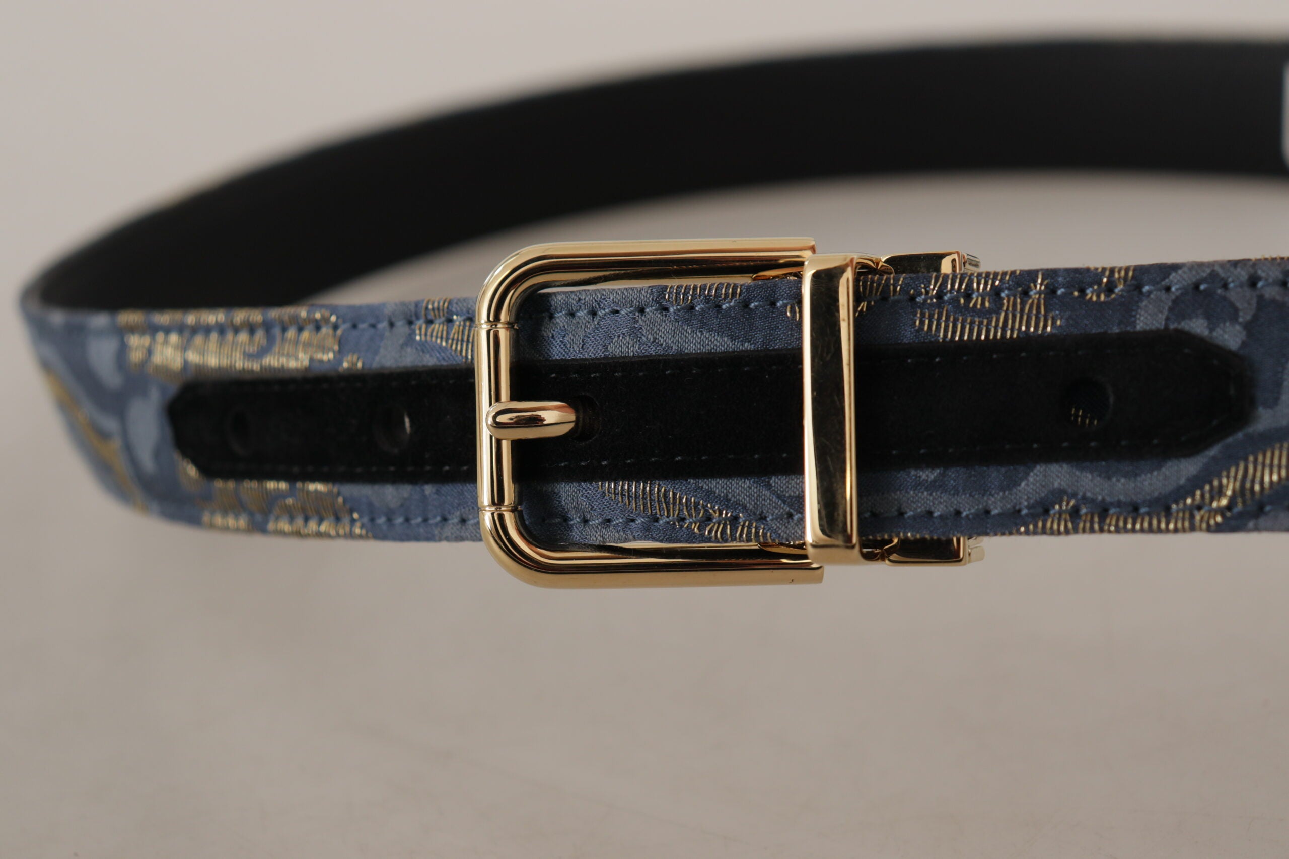 Navy Blue Jacquard Gold Tone Logo Metal Buckle Belt - ventzia