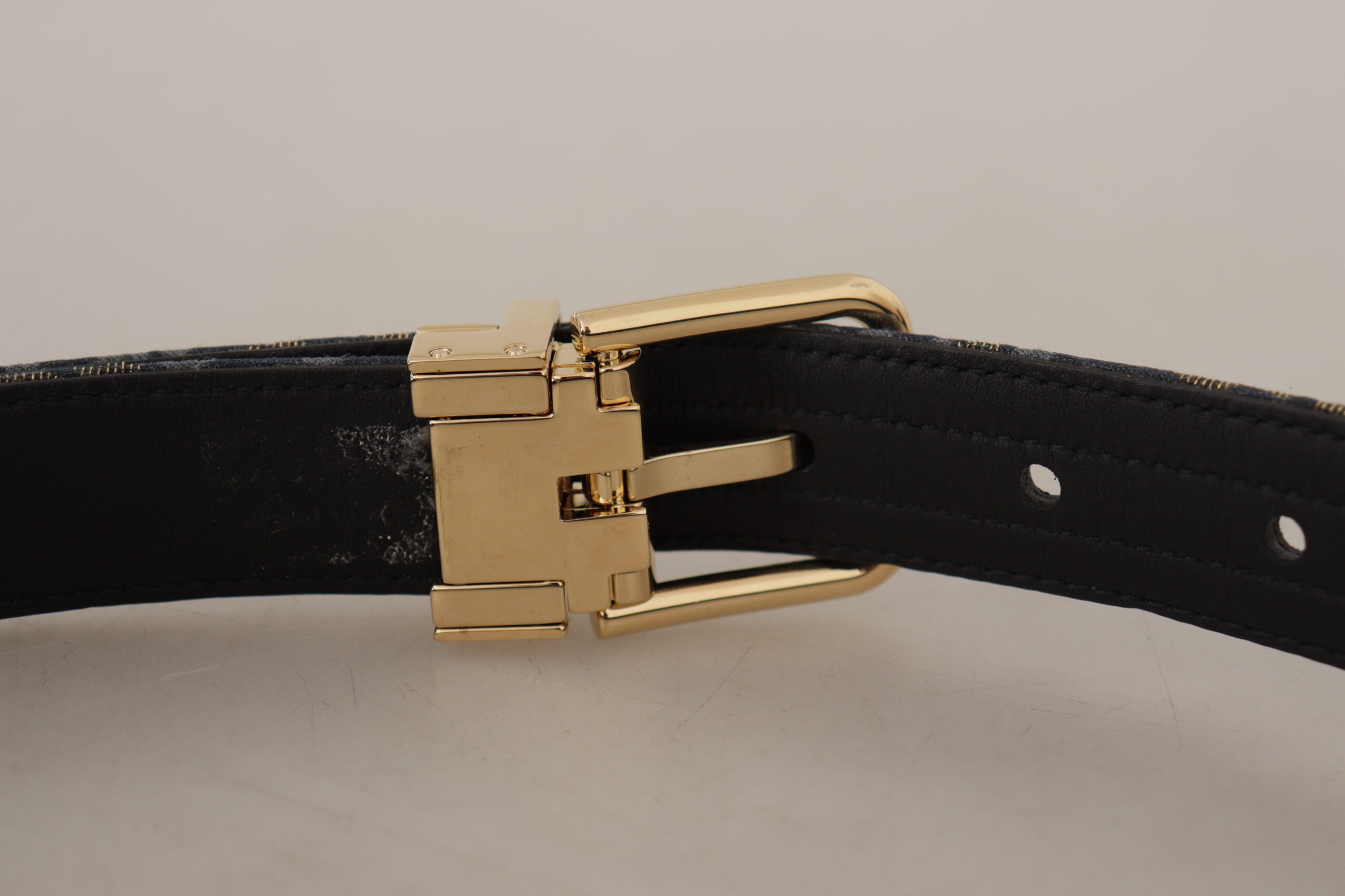 Navy Blue Jacquard Gold Tone Logo Metal Buckle Belt - ventzia