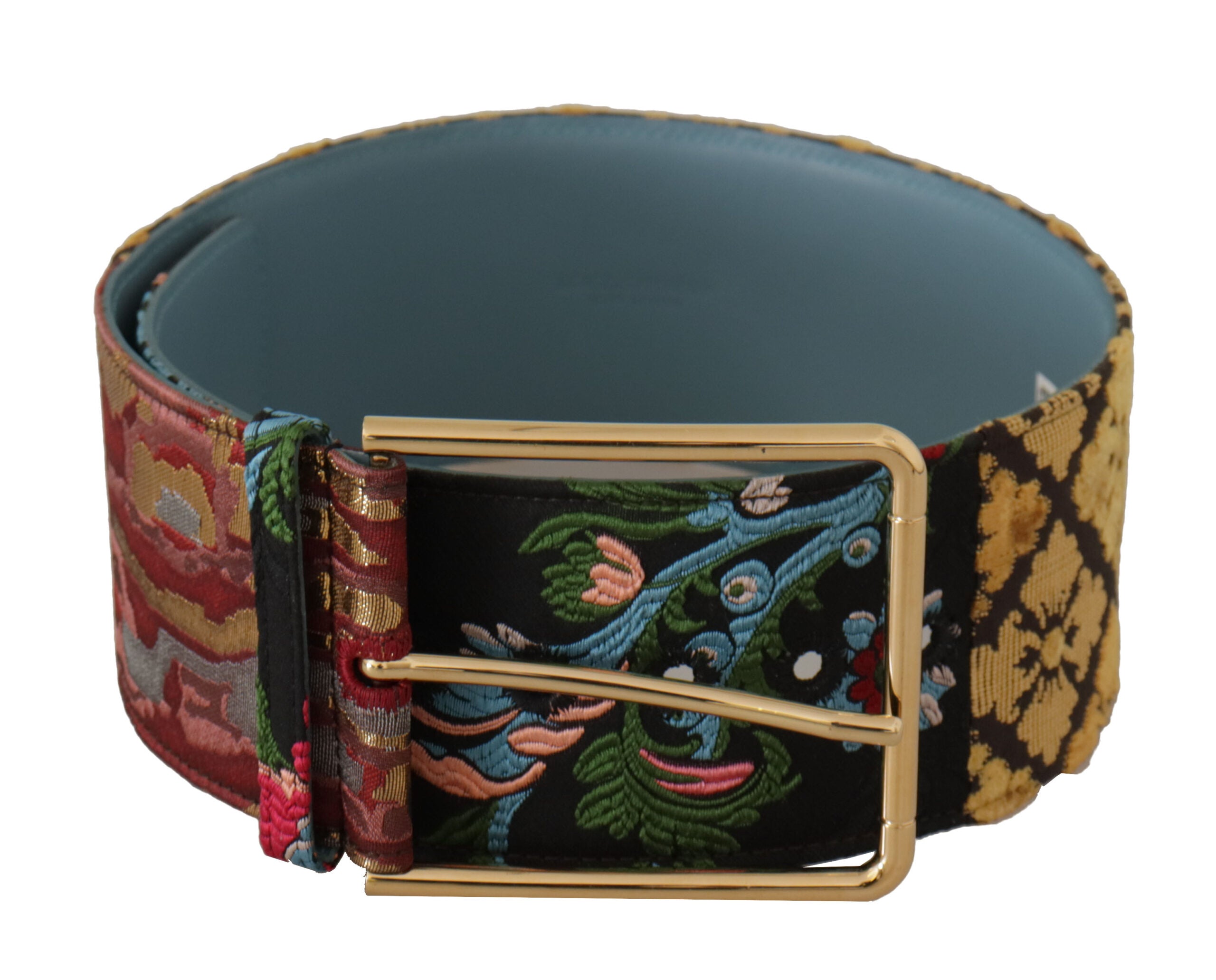 Multicolor Embroidered Leather Gold Metal Buckle Belt - ventzia