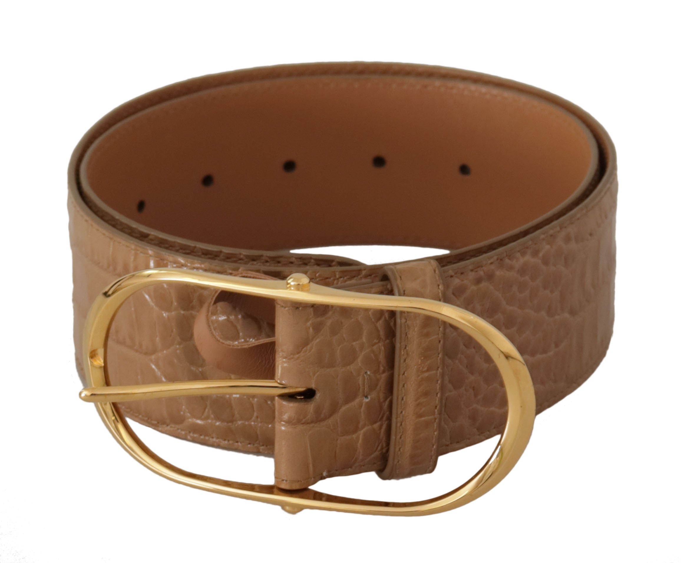 Brown Beige Leather Gold Metal Oval Buckle Belt - ventzia