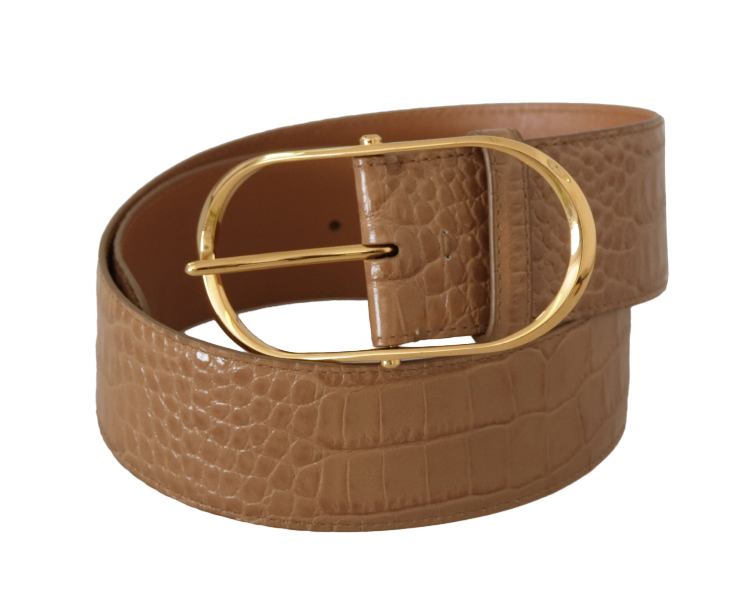 Brown Beige Leather Gold Metal Oval Buckle Belt - ventzia