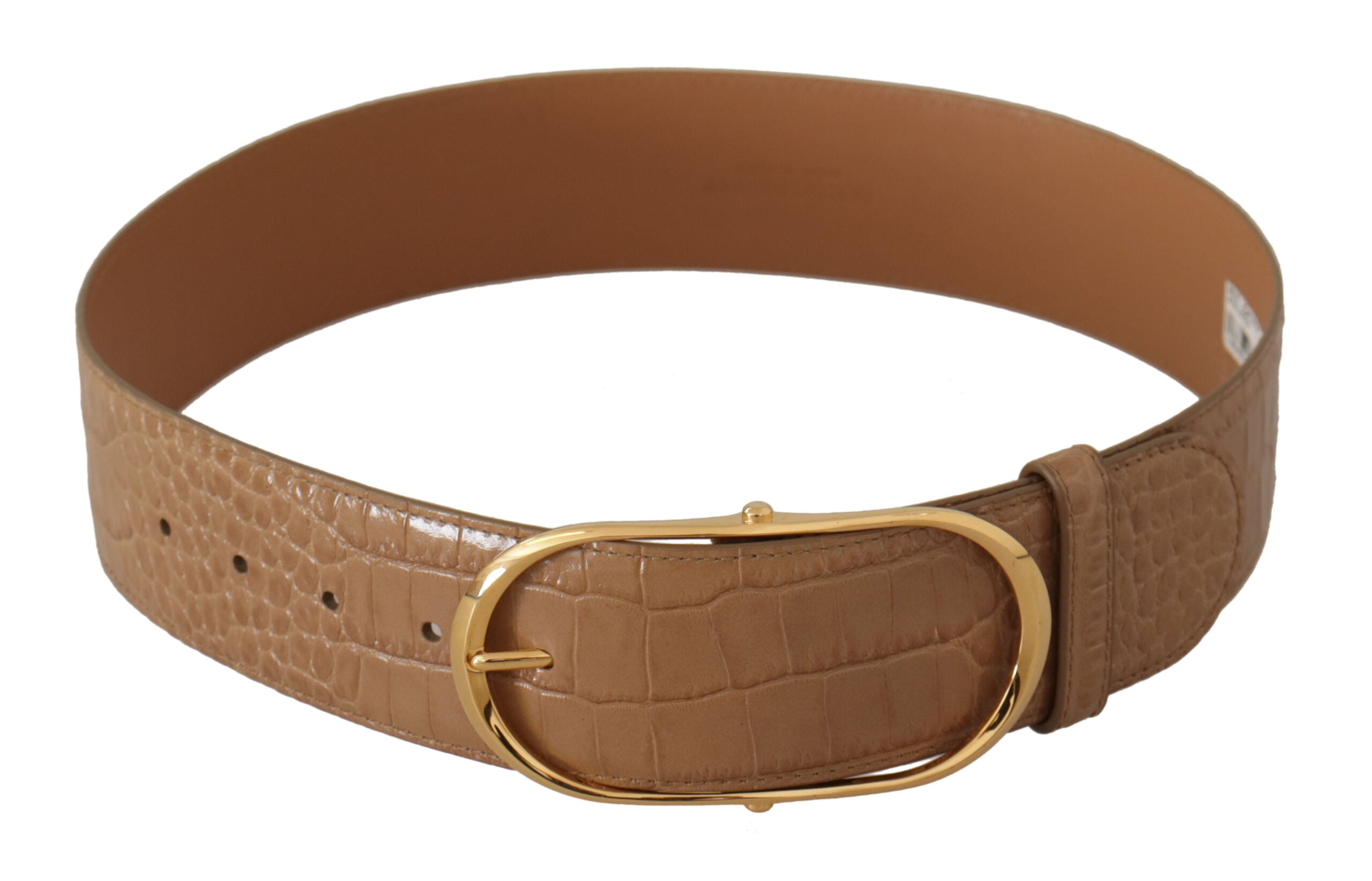 Brown Beige Leather Gold Metal Oval Buckle Belt - ventzia