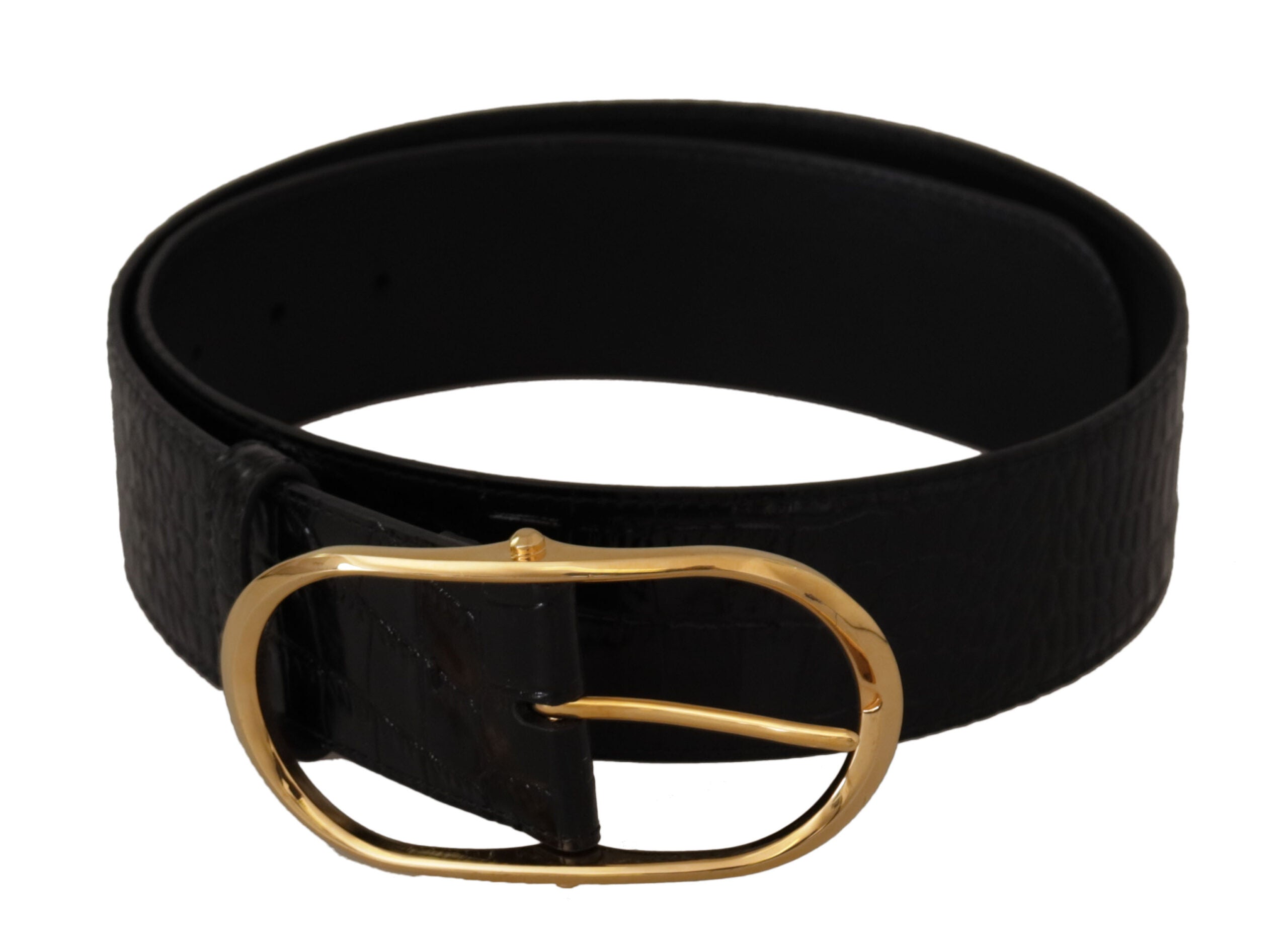 Black Embossed Leather Gold Tone Metal Buckle Belt - ventzia