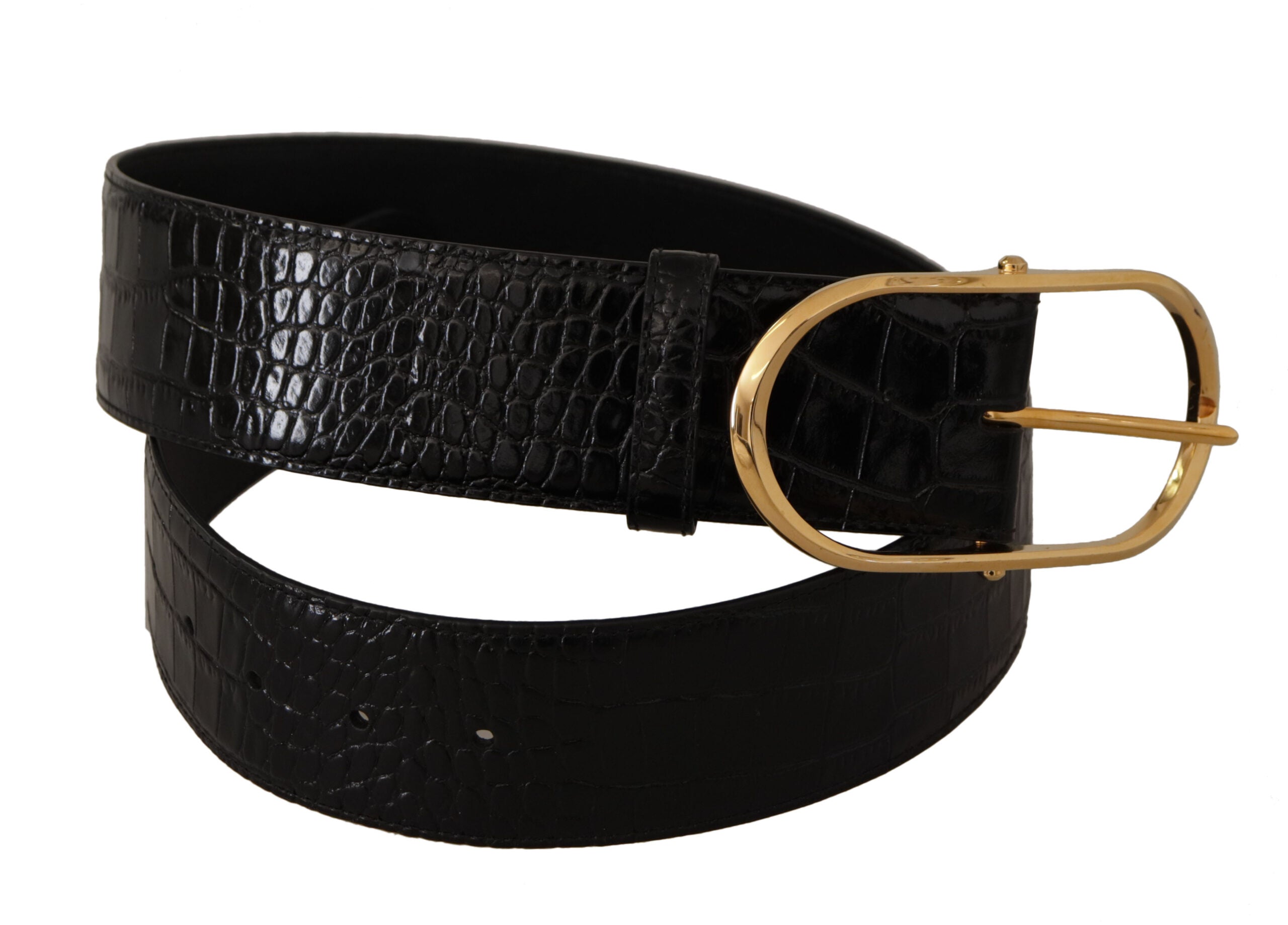 Black Embossed Leather Gold Tone Metal Buckle Belt - ventzia