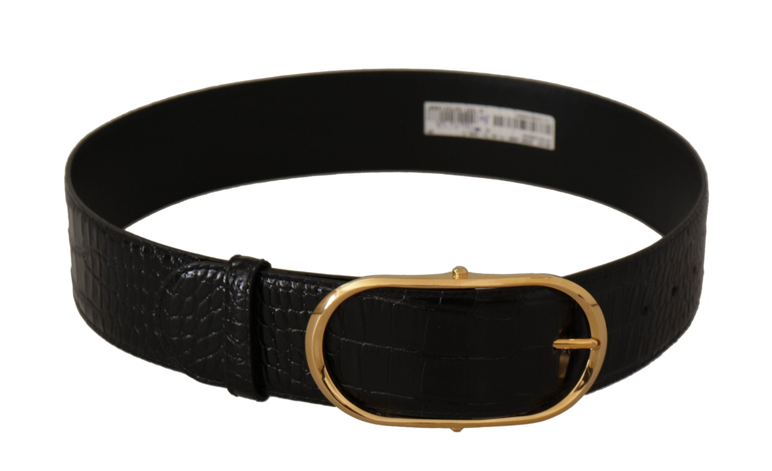 Black Embossed Leather Gold Tone Metal Buckle Belt - ventzia