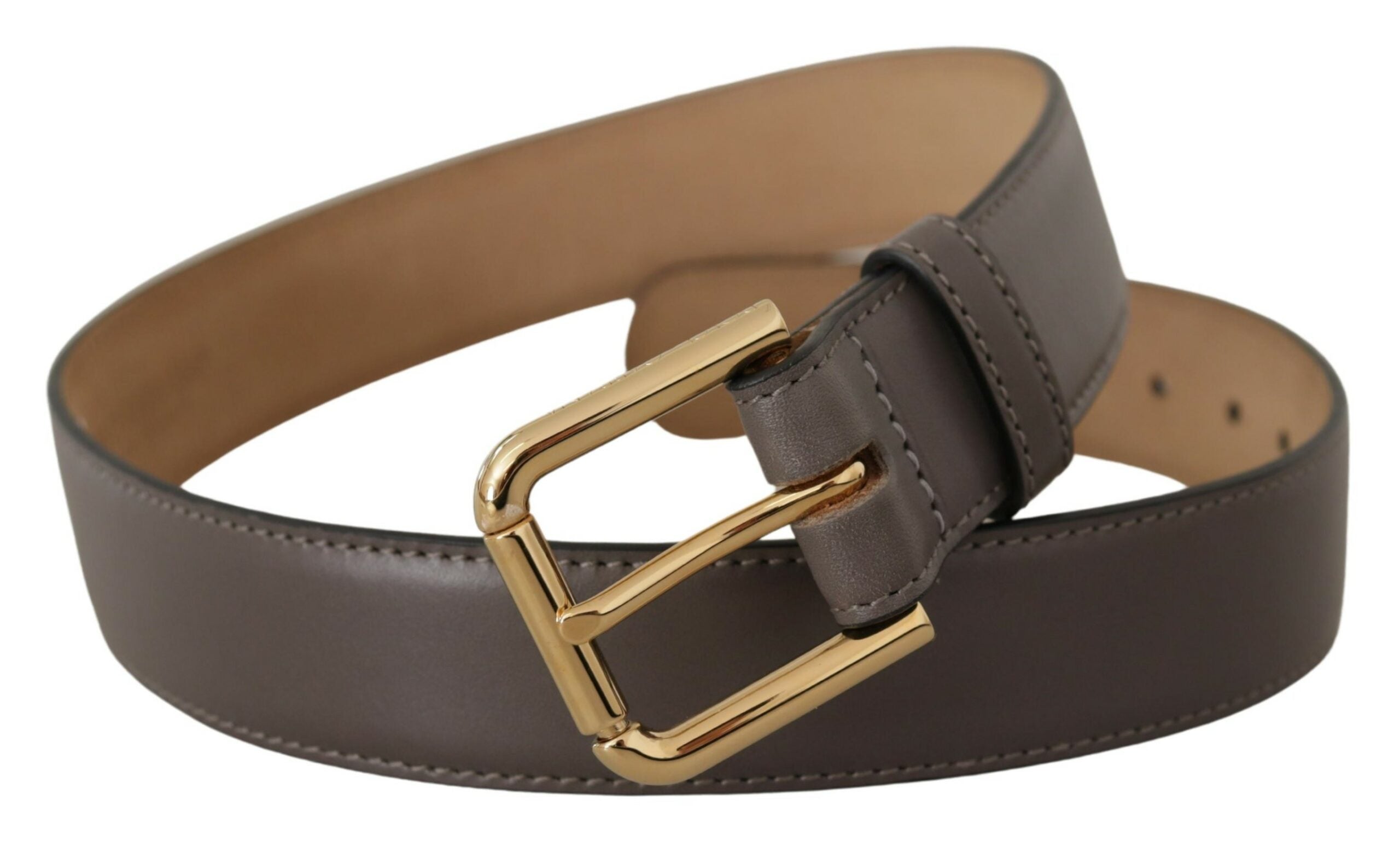 Gray Calfskin Leather Gold Metal Logo Buckle Belt - ventzia