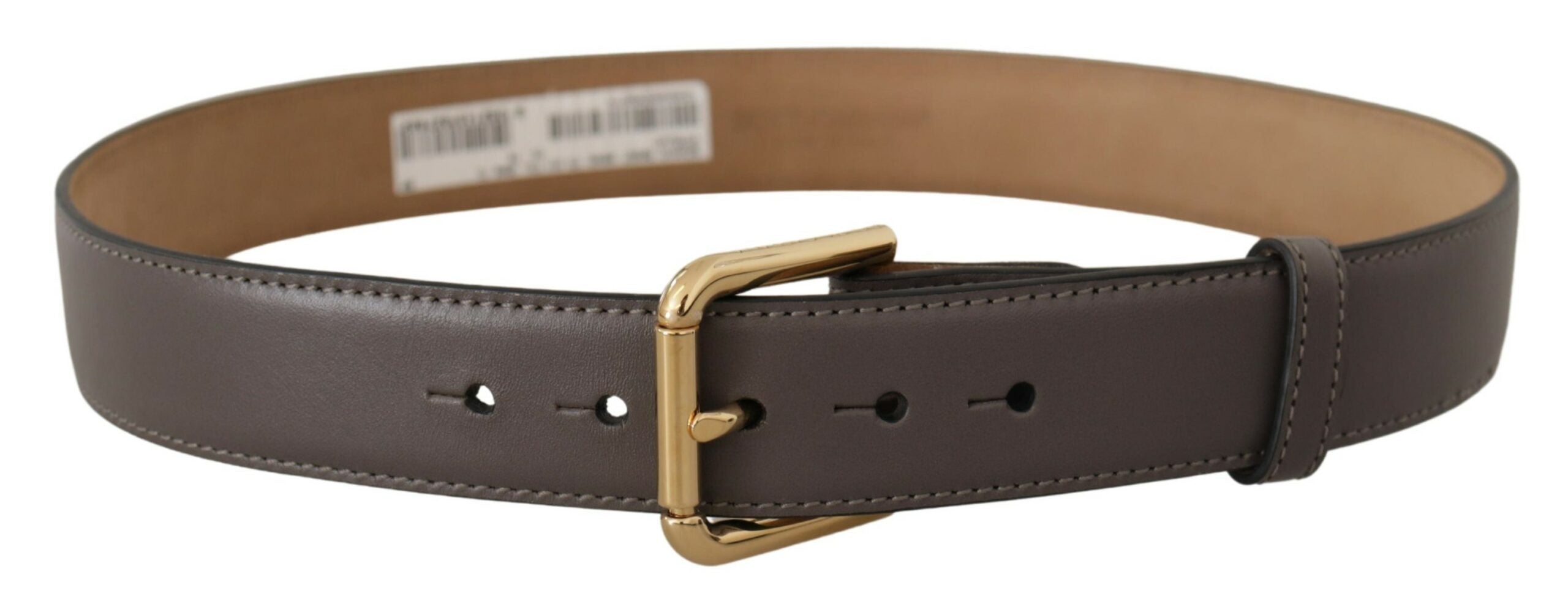 Gray Calfskin Leather Gold Metal Logo Buckle Belt - ventzia