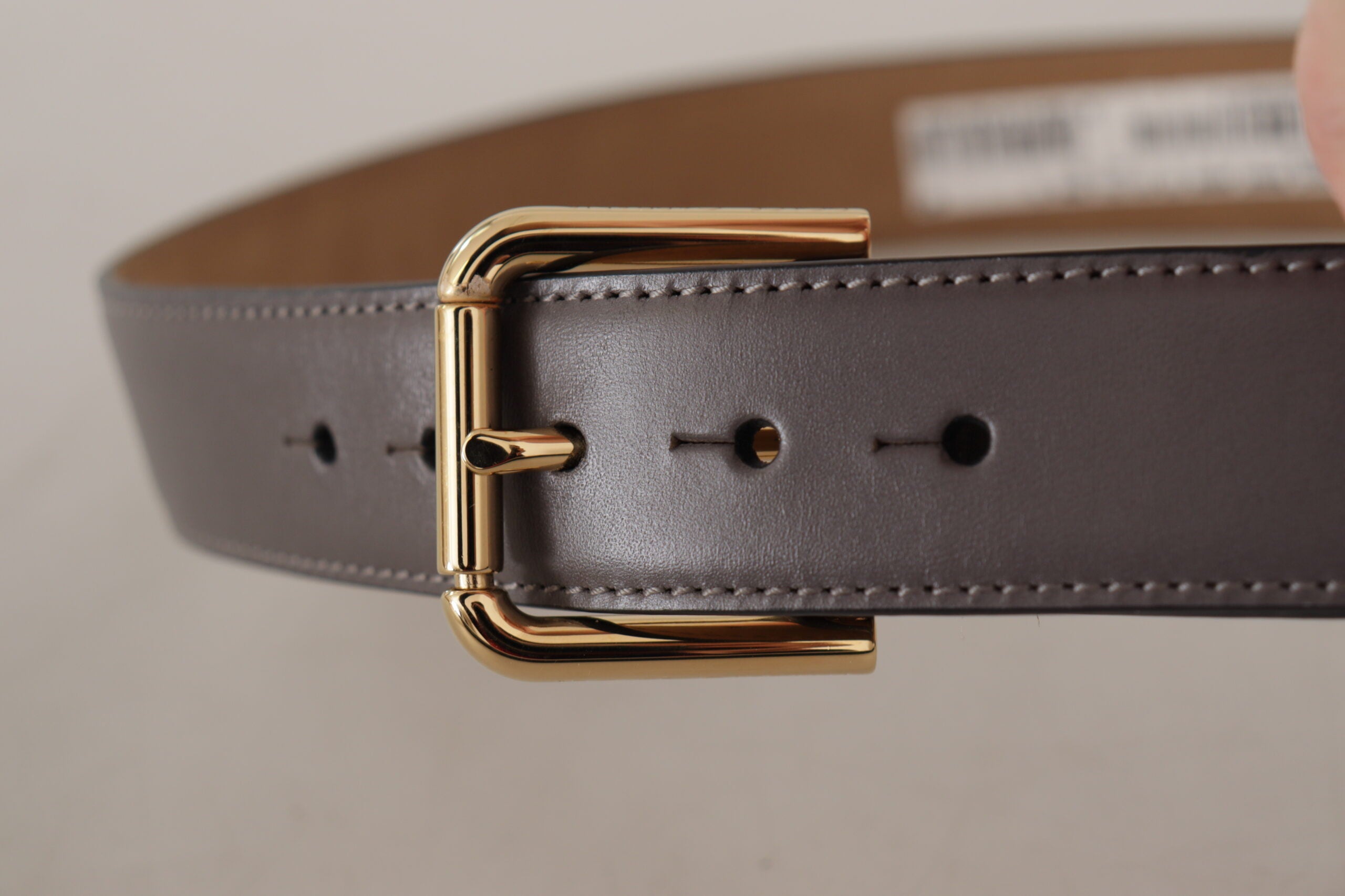 Gray Calfskin Leather Gold Metal Logo Buckle Belt - ventzia