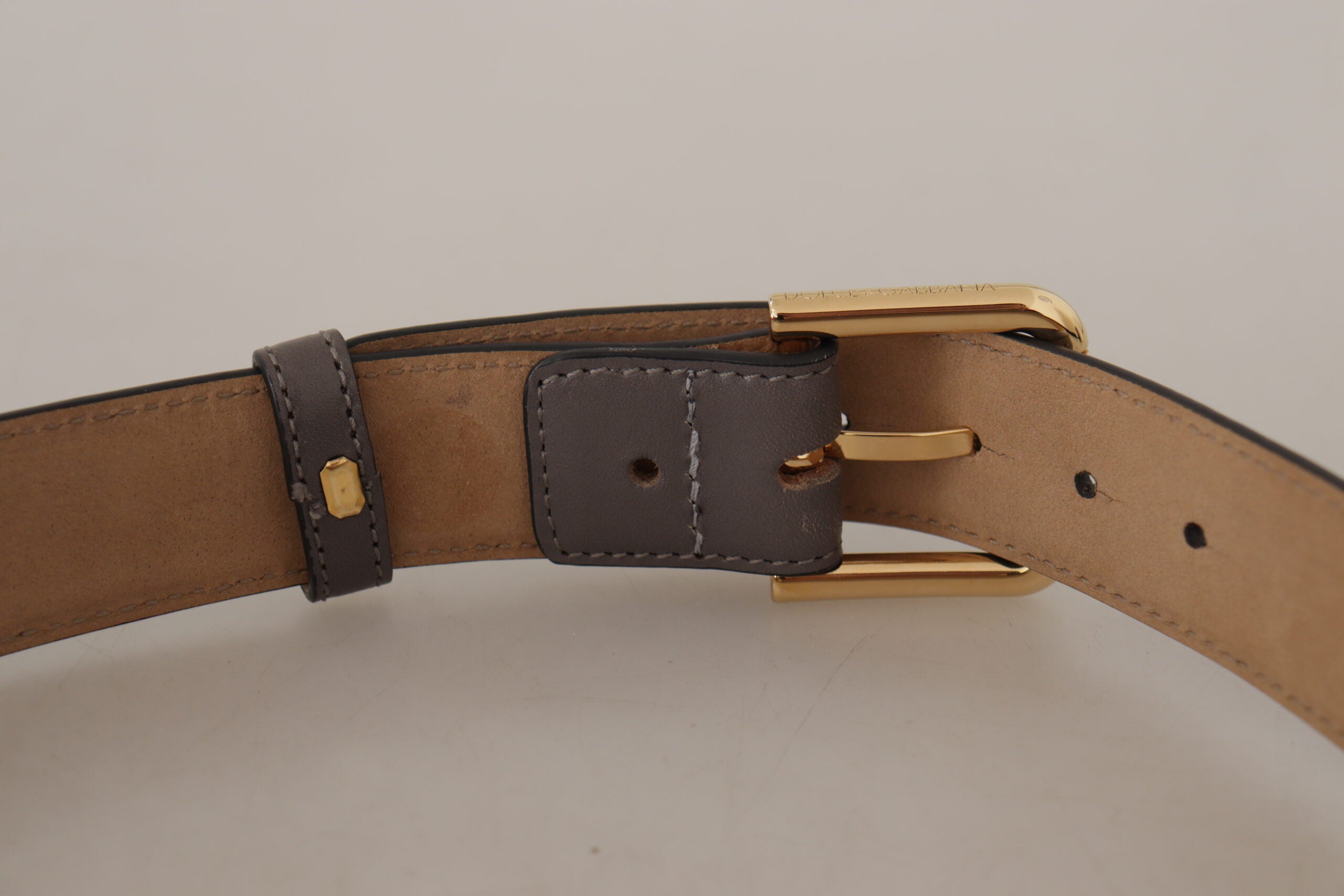 Gray Calfskin Leather Gold Metal Logo Buckle Belt - ventzia