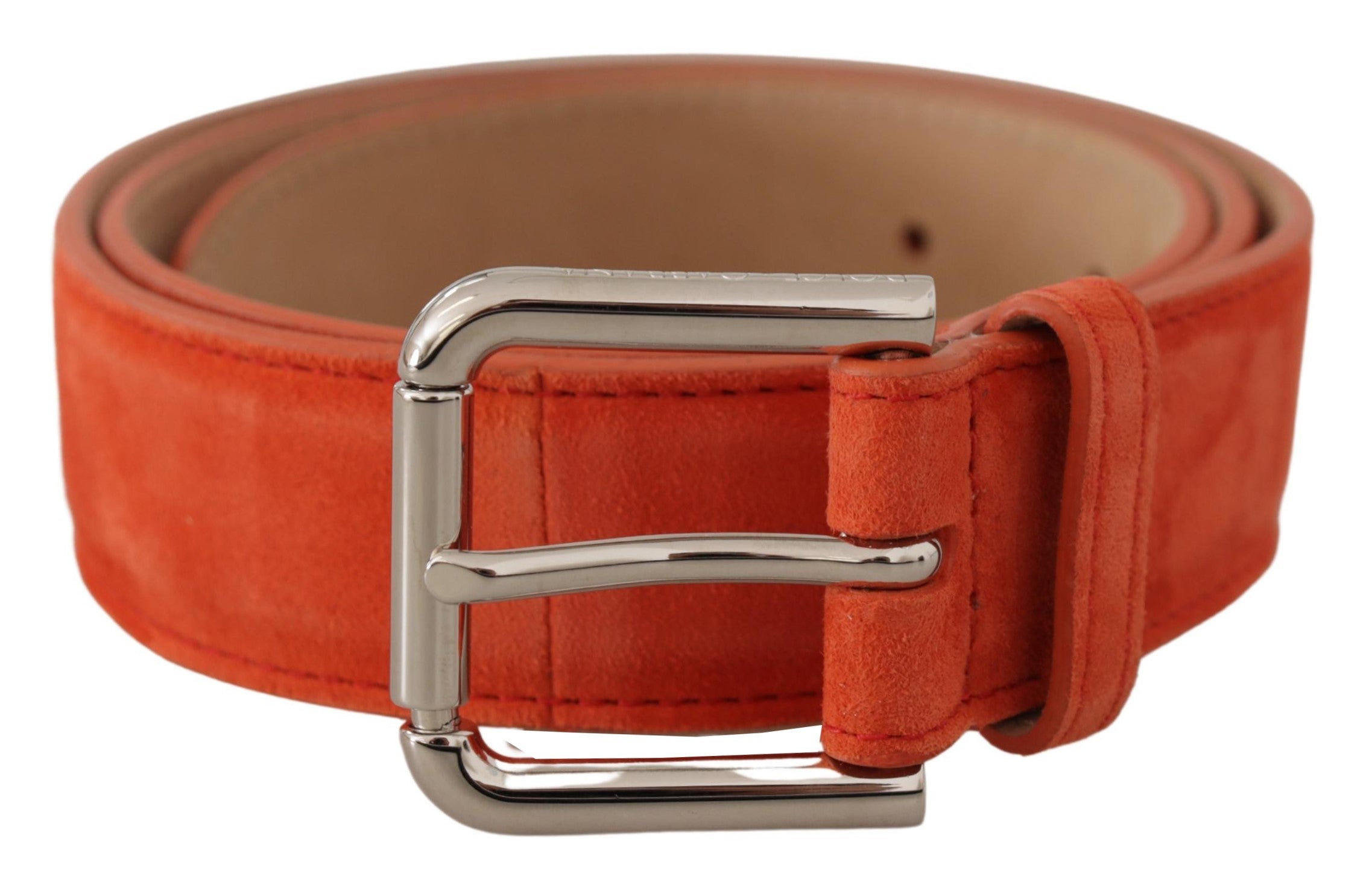 Orange Leather Suede Silver Logo Metal Buckle Belt - ventzia
