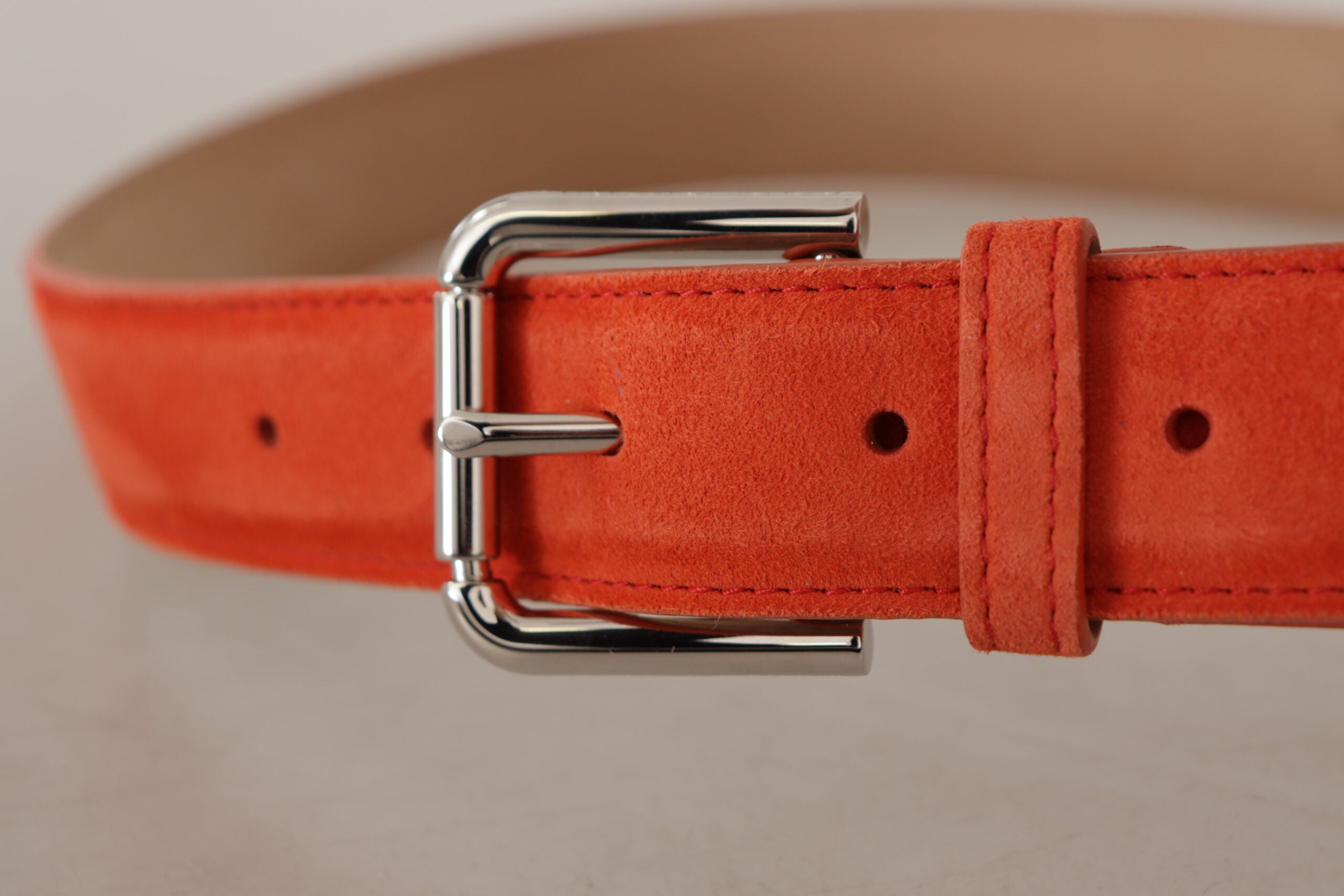 Orange Leather Suede Silver Logo Metal Buckle Belt - ventzia