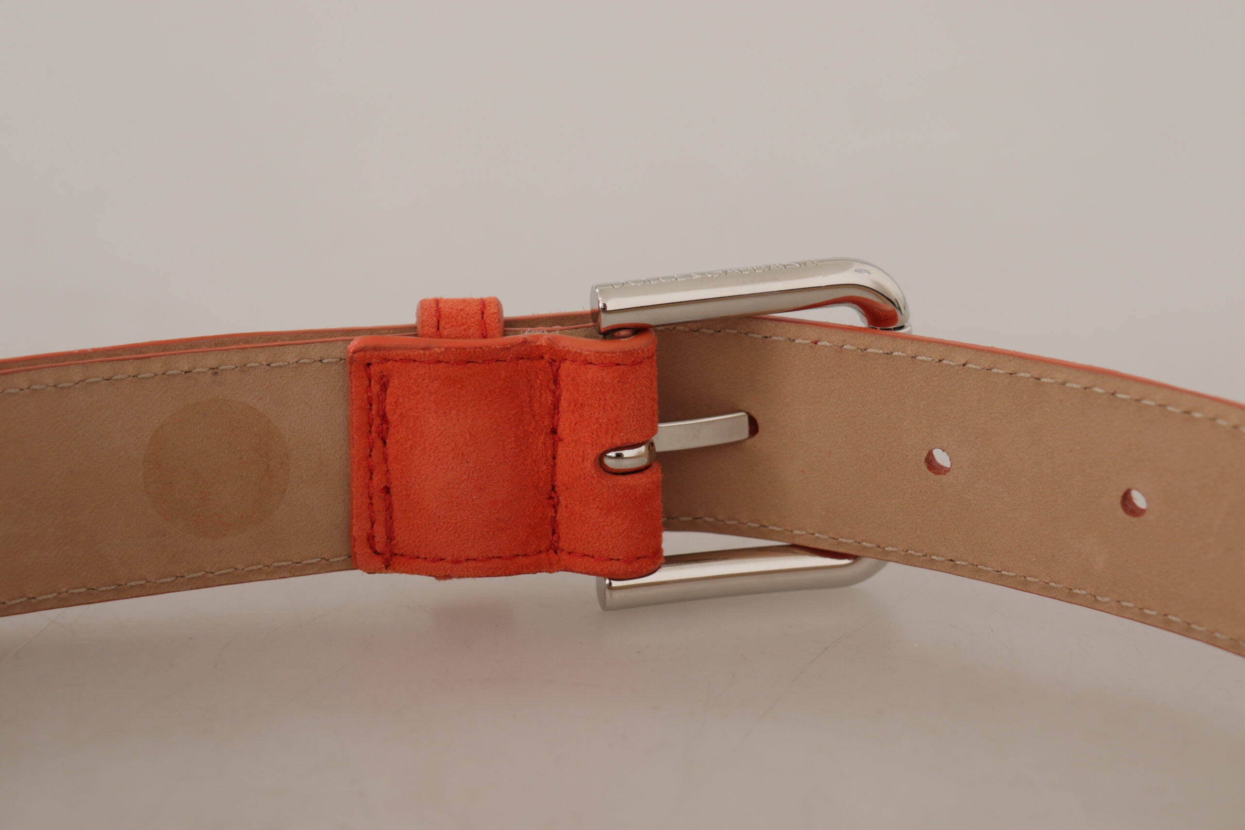 Orange Leather Suede Silver Logo Metal Buckle Belt - ventzia