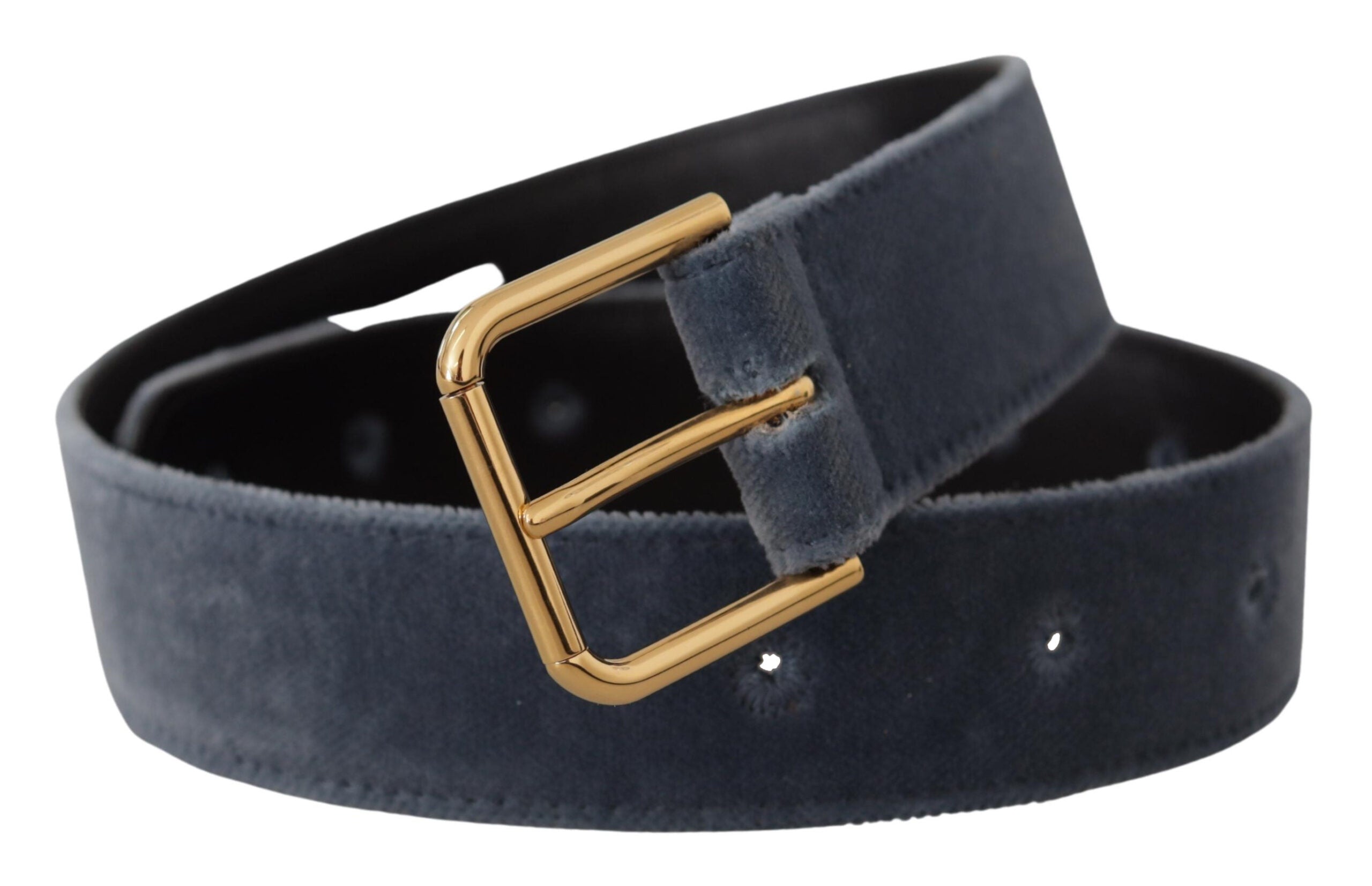 Navy Blue Velvet Gold Metal Logo Waist Buckle Belt - ventzia