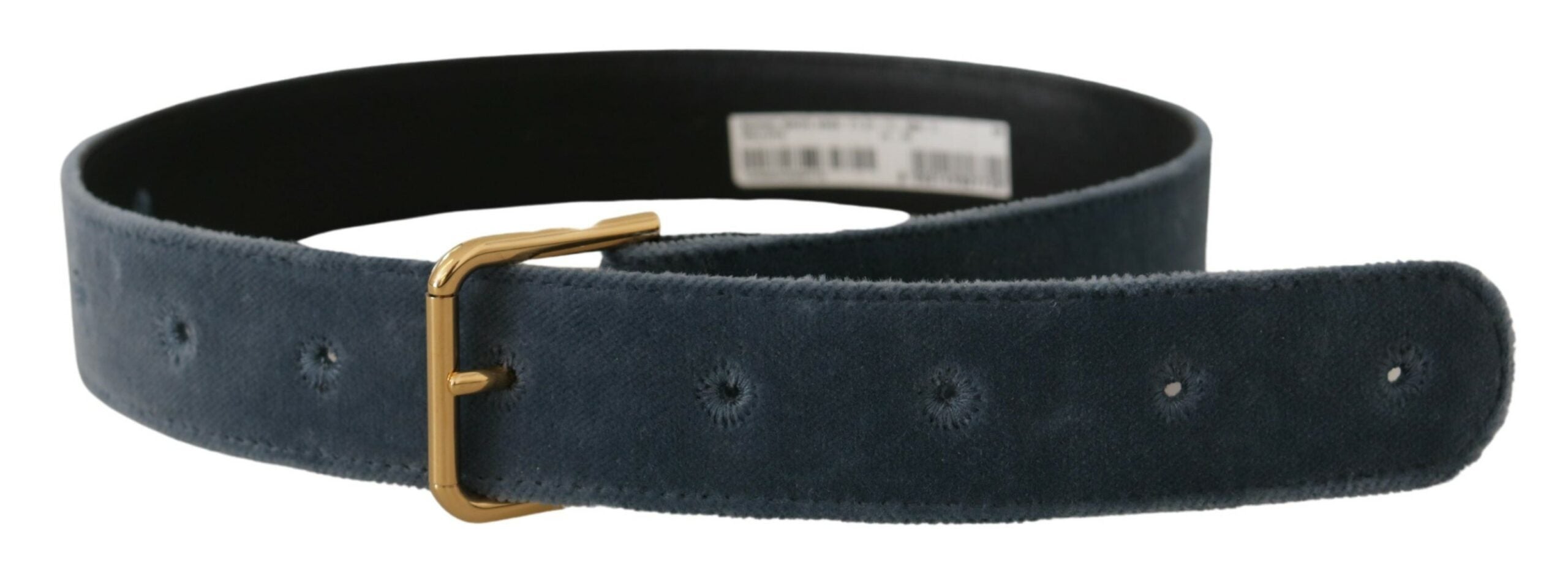 Navy Blue Velvet Gold Metal Logo Waist Buckle Belt - ventzia