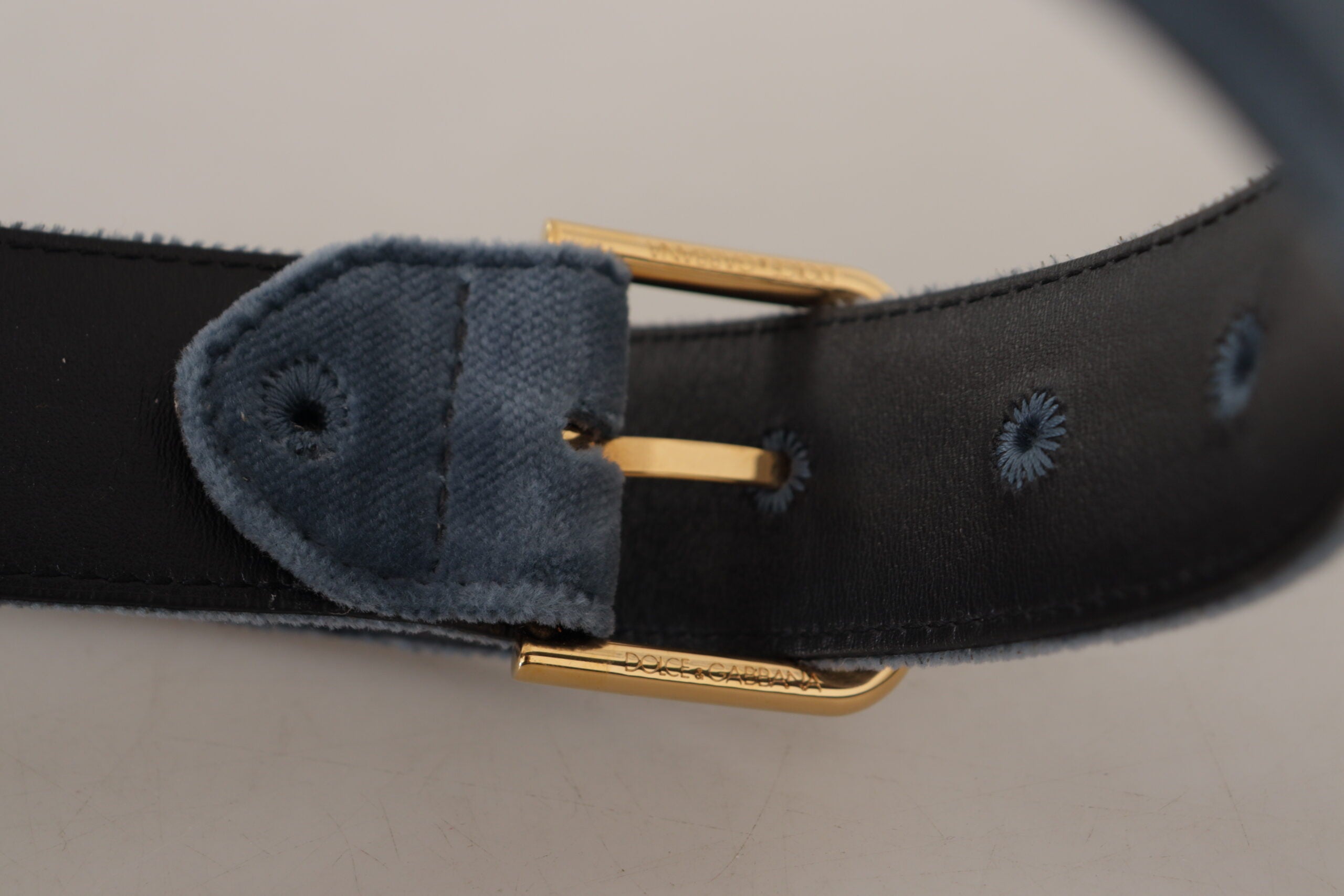 Navy Blue Velvet Gold Metal Logo Waist Buckle Belt - ventzia