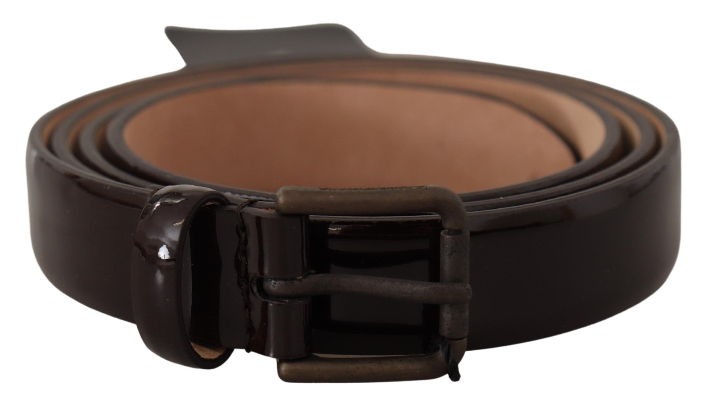 Black Patent Leather Logo Metal Waist Buckle Belt - ventzia