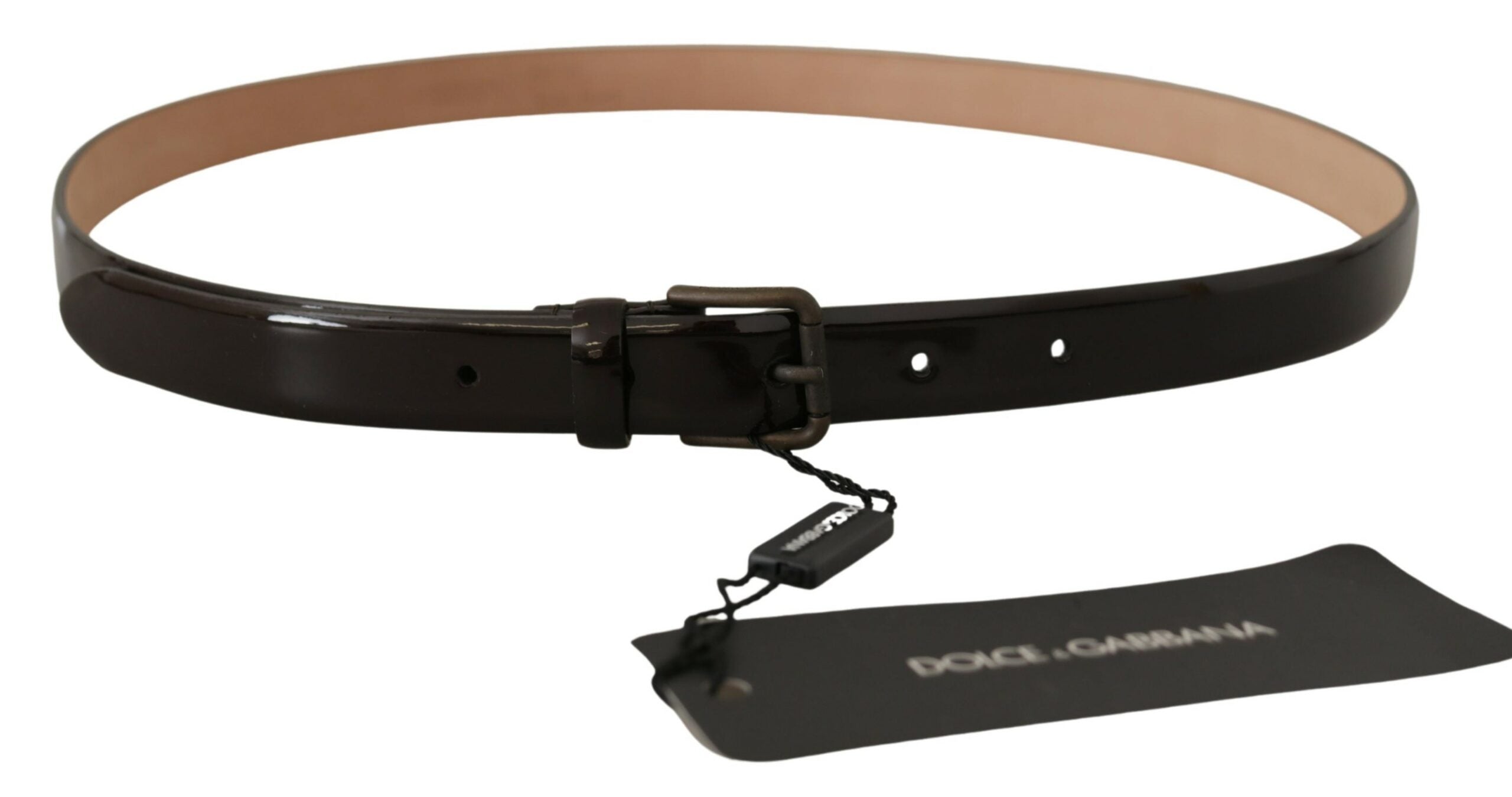 Black Patent Leather Logo Metal Waist Buckle Belt - ventzia