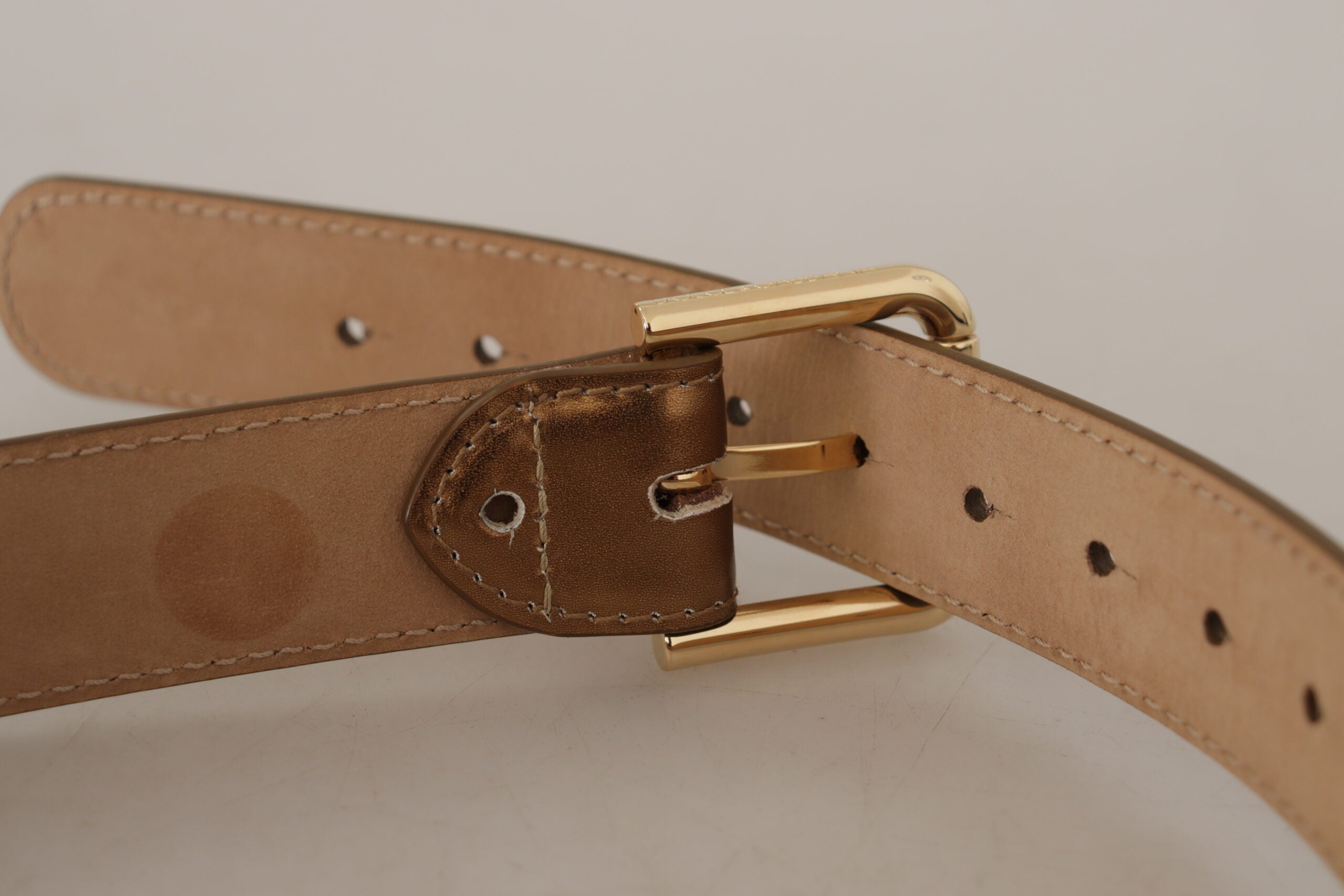 Bronze Leather Gold Logo Engraved Waist Buckle Belt - ventzia