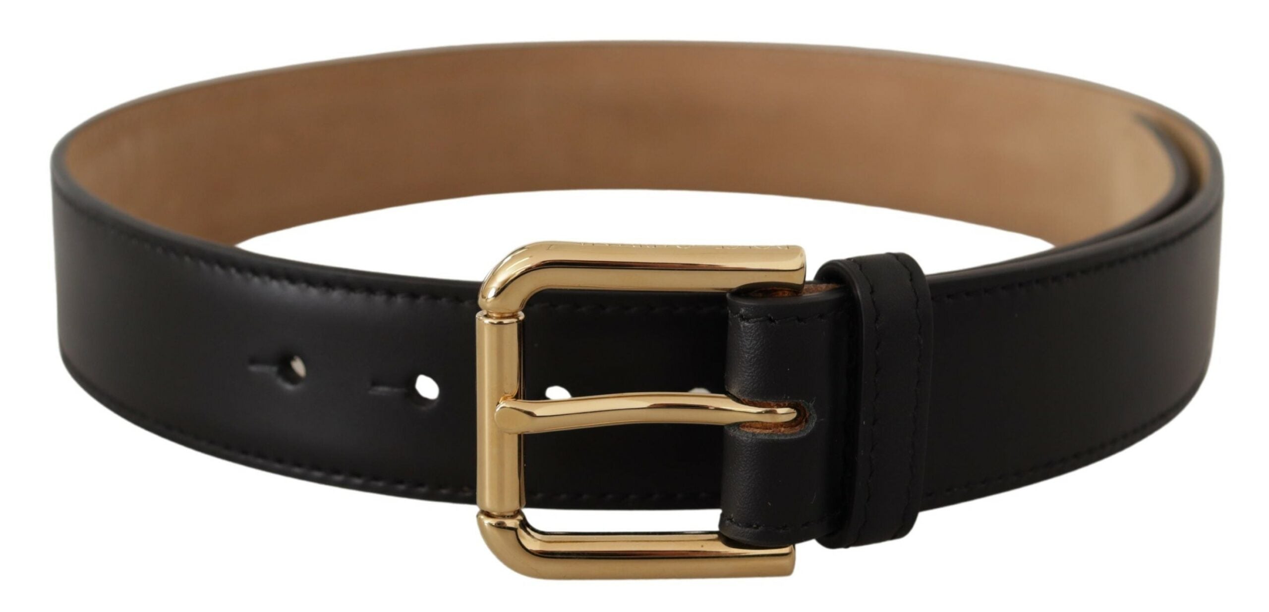 Black Solid Leather Classic Gold Waist Buckle Belt - ventzia