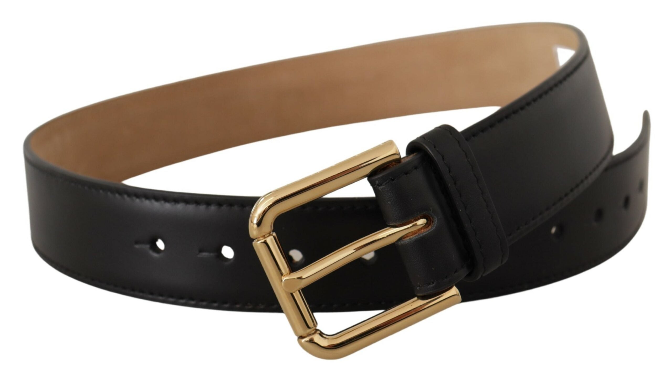 Black Solid Leather Classic Gold Waist Buckle Belt - ventzia