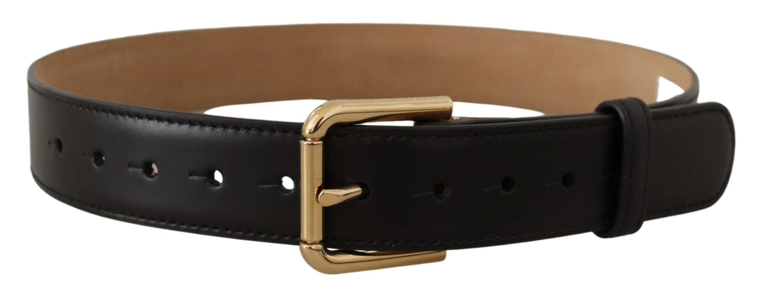 Black Solid Leather Classic Gold Waist Buckle Belt - ventzia