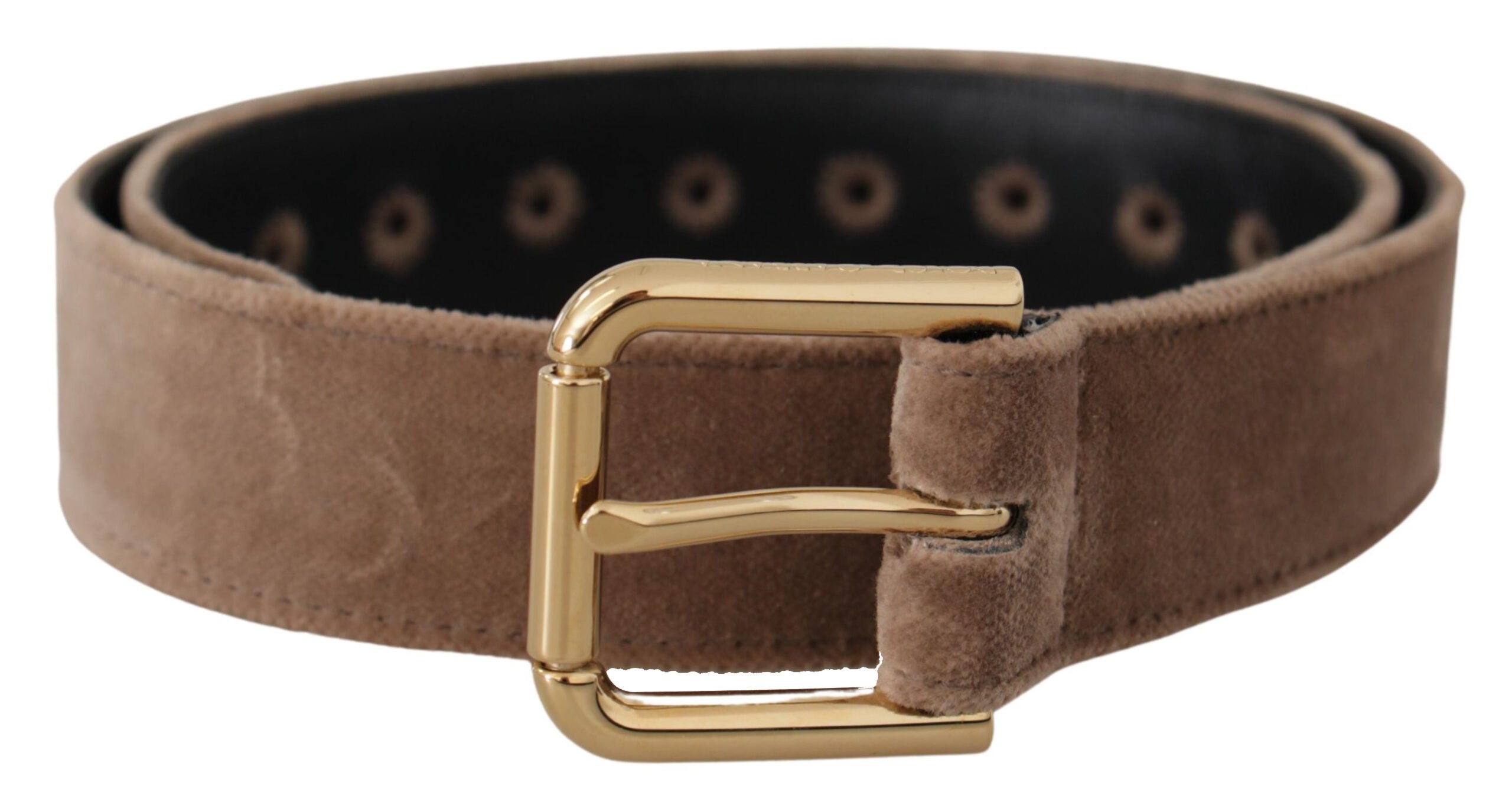 Light Brown Velvet Gold Tone Logo Metal Buckle Belt - ventzia