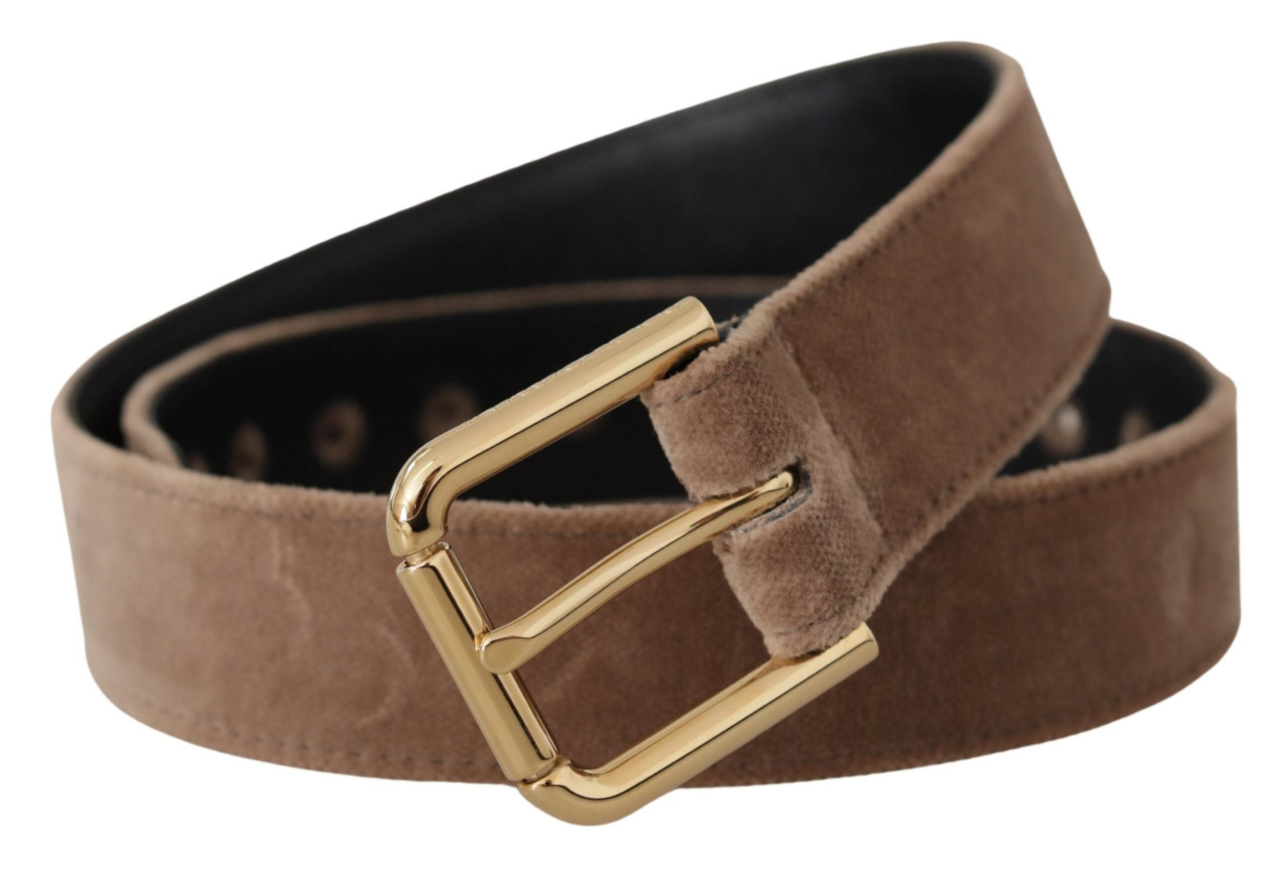 Light Brown Velvet Gold Tone Logo Metal Buckle Belt - ventzia