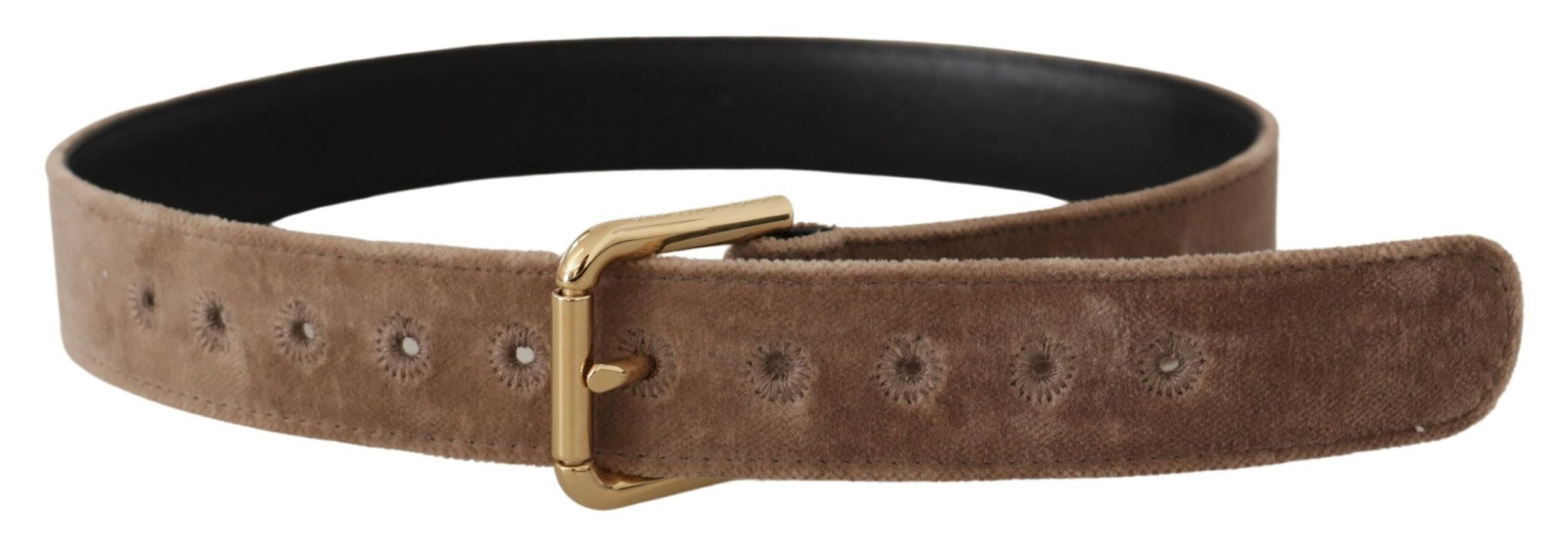 Light Brown Velvet Gold Tone Logo Metal Buckle Belt - ventzia